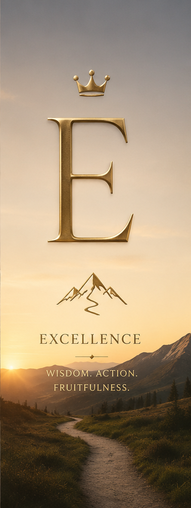 A scenic landscape with mountains and a winding trail at sunset, featuring large gold letters 'E' with a crown above it and the words 'Excellence' and 'Wisdom. Action. Fruitfulness.'