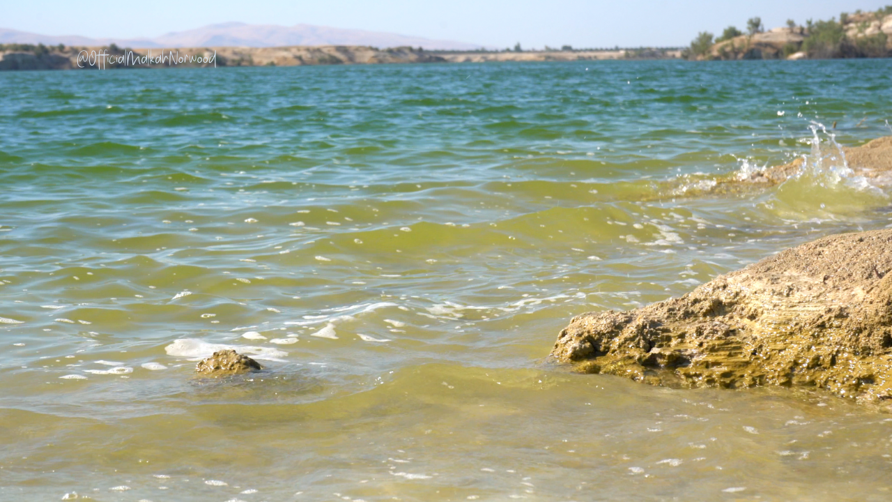 Close-up of a sandy lakeshore with small waves and rocks, with distant hills and a clear blue sky in the background.