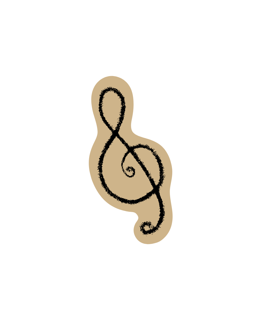 A black background with a beige amulet shaped like a musical treble clef, featuring a black textured outline.