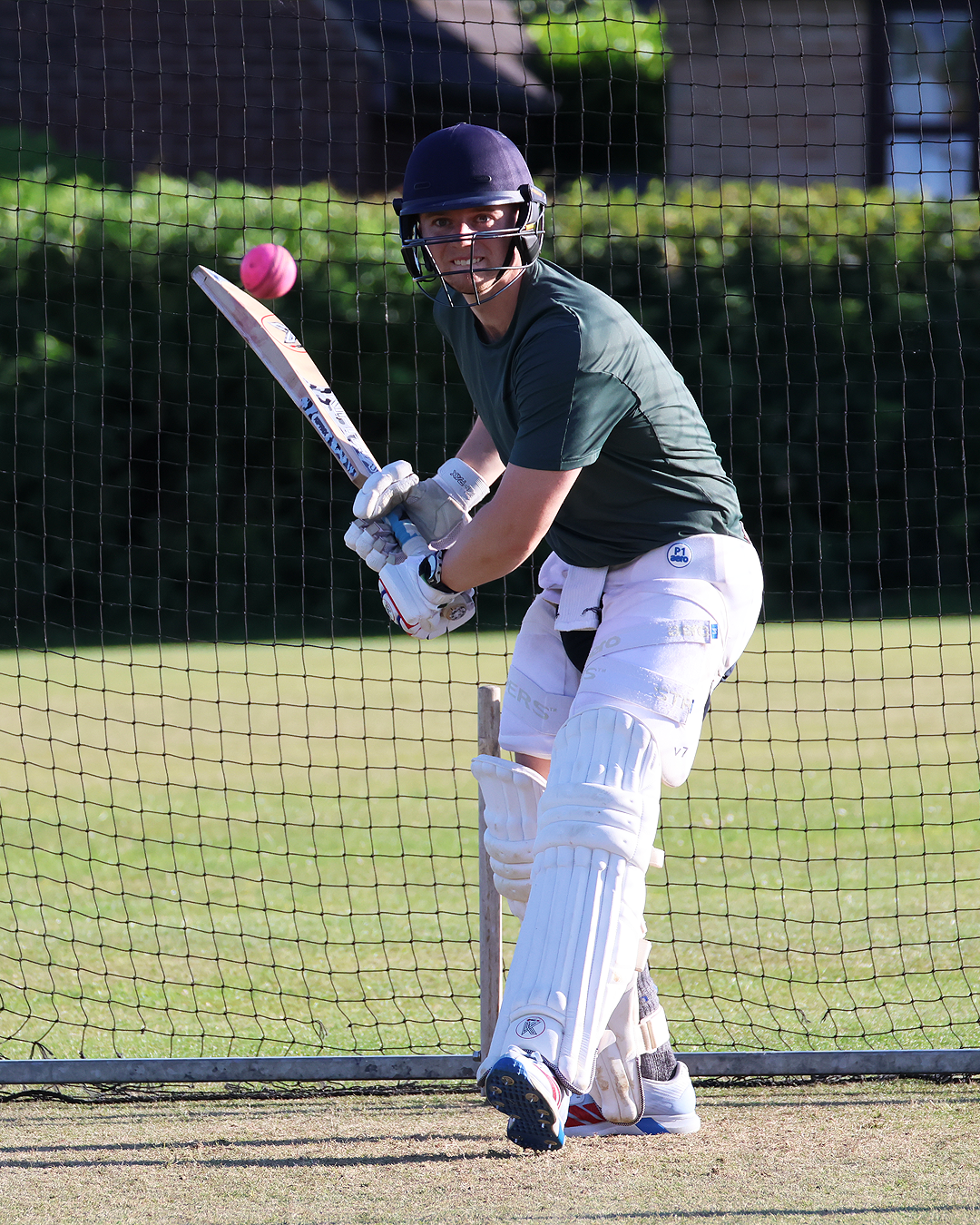 A cricket player in dark green shirt, white pads, helmet, gloves, and holding a bat, preparing to hit a pink cricket ball during practice on a sunny day.