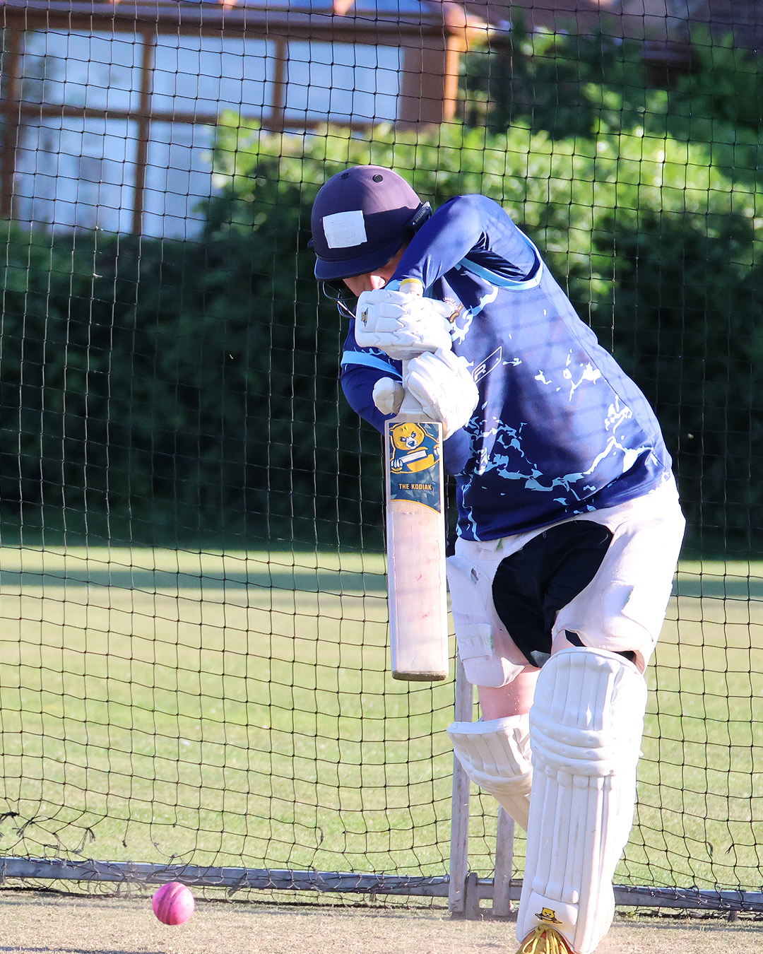 A cricket player in blue uniform and helmet is taking a hit with a pink ball near the stumps, standing in front of a net on a grassy field.