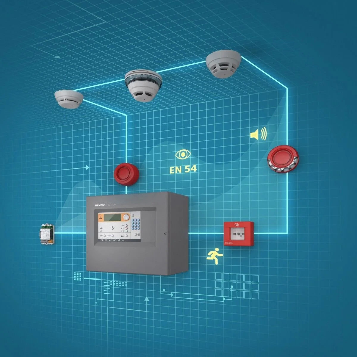Diagram of a fire alarm system with smoke detectors, a control panel, alarm buttons, and emergency symbols on a digital blue background.