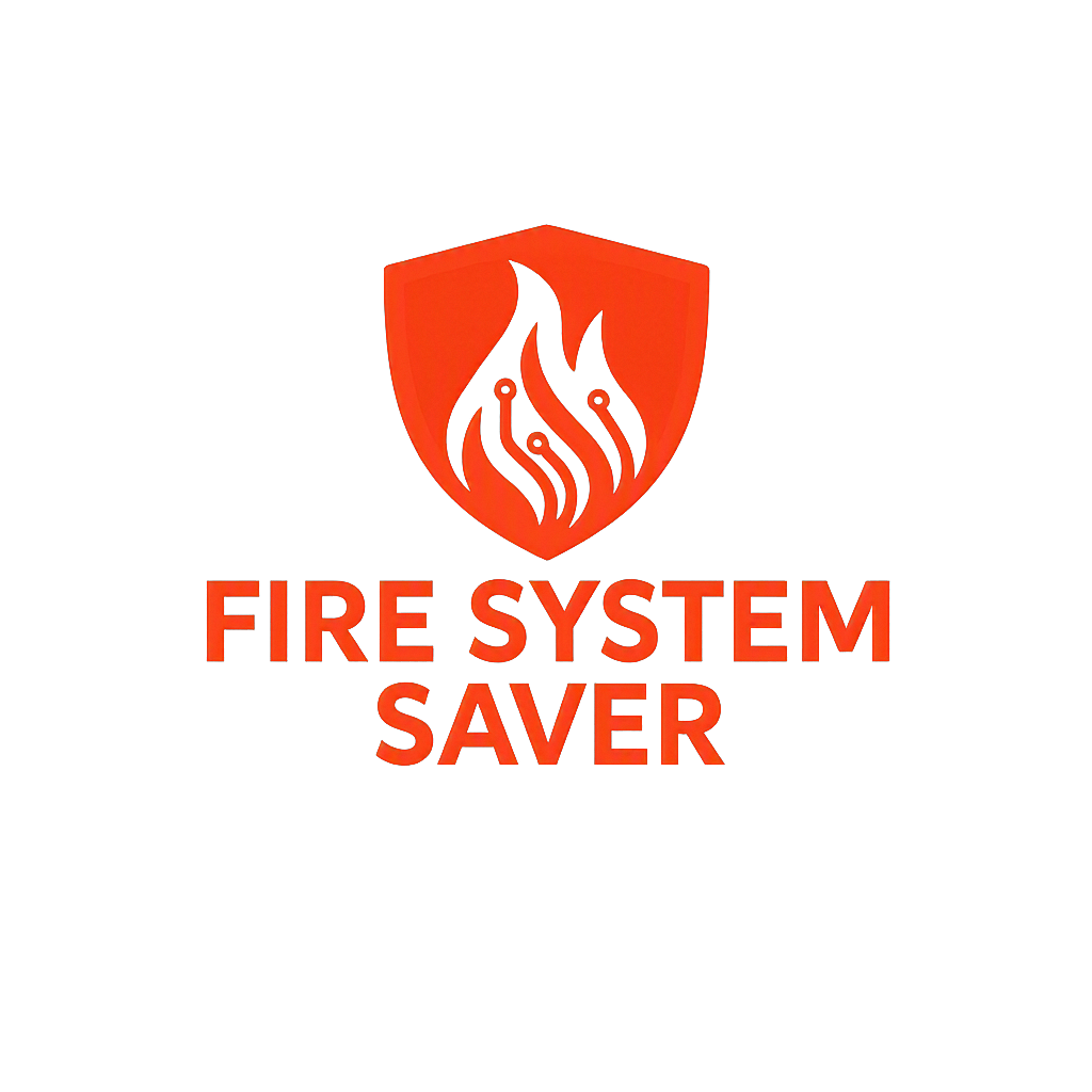 A logo with a red shield containing a stylized flame with circuit lines, and the text 'FIRE SYSTEM SAVER' below it in bold red letters.