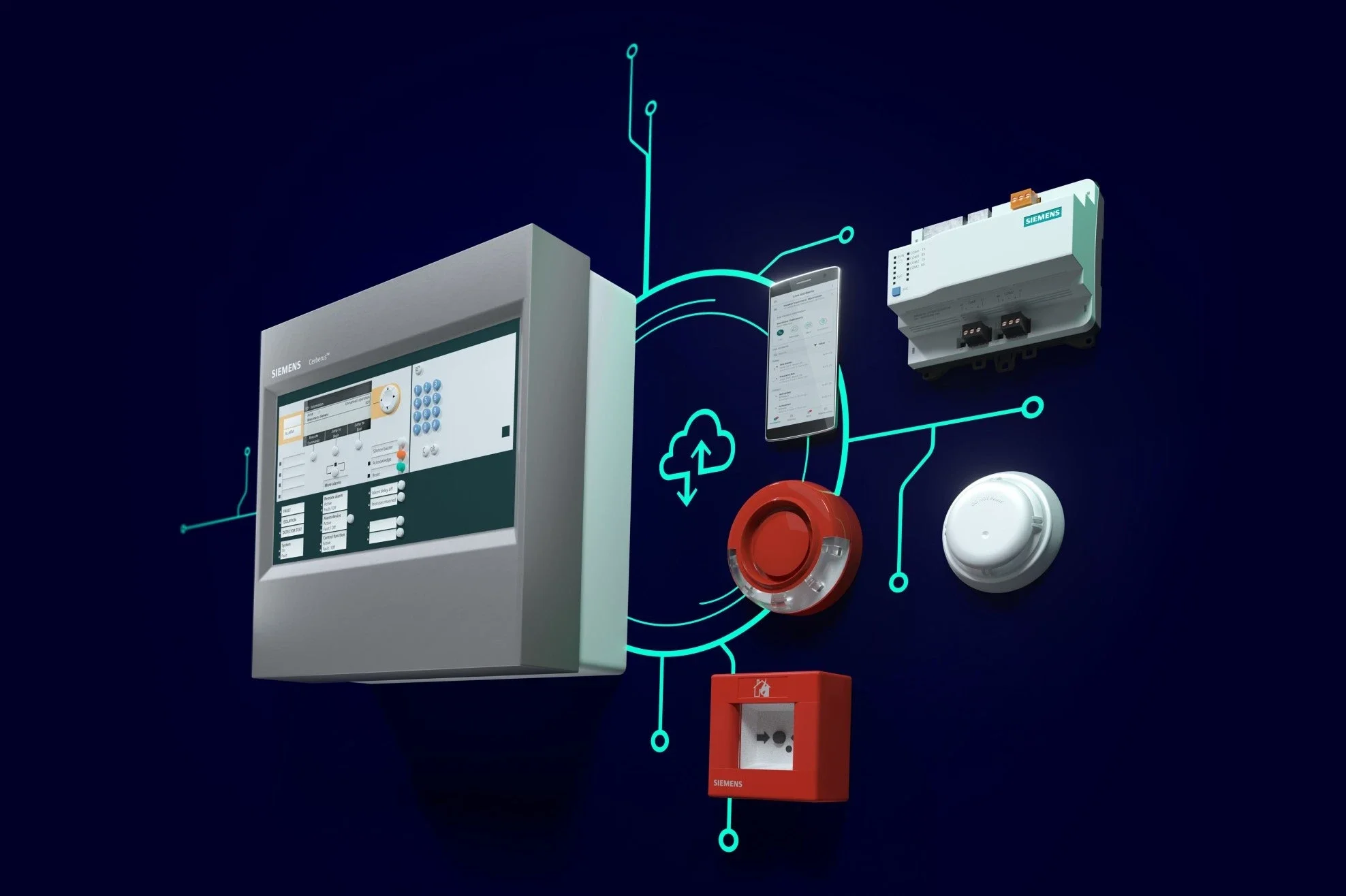 Digital illustration of a Siemens building control system with various interconnected security and automation components, including a control panel, smartphone app, sensors, and a fire alarm.