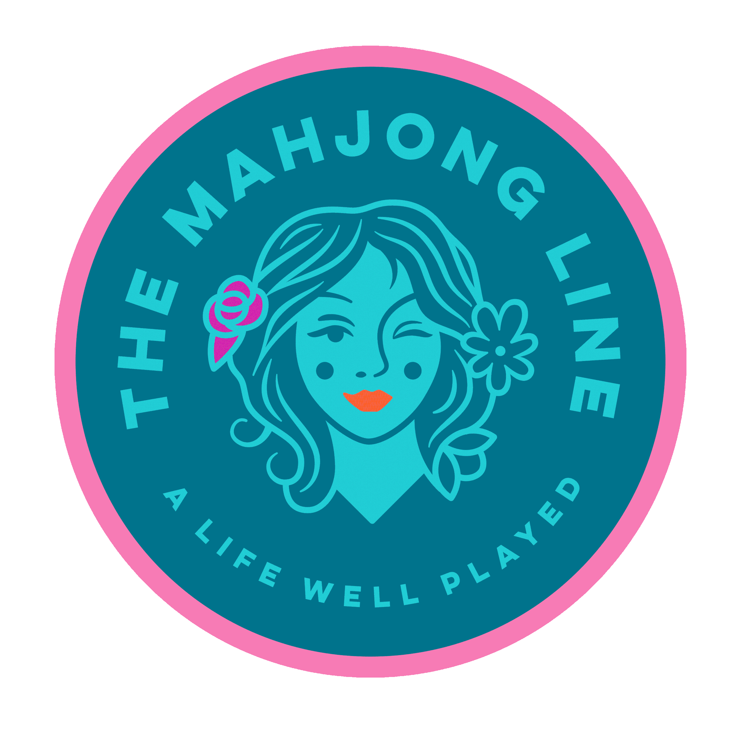 Colorful circular badge with pink border and teal background, featuring a stylized drawing of a woman's face with a flower in her hair and wearing earrings, and the words "Thank You" and "Feel Well Play" around her.