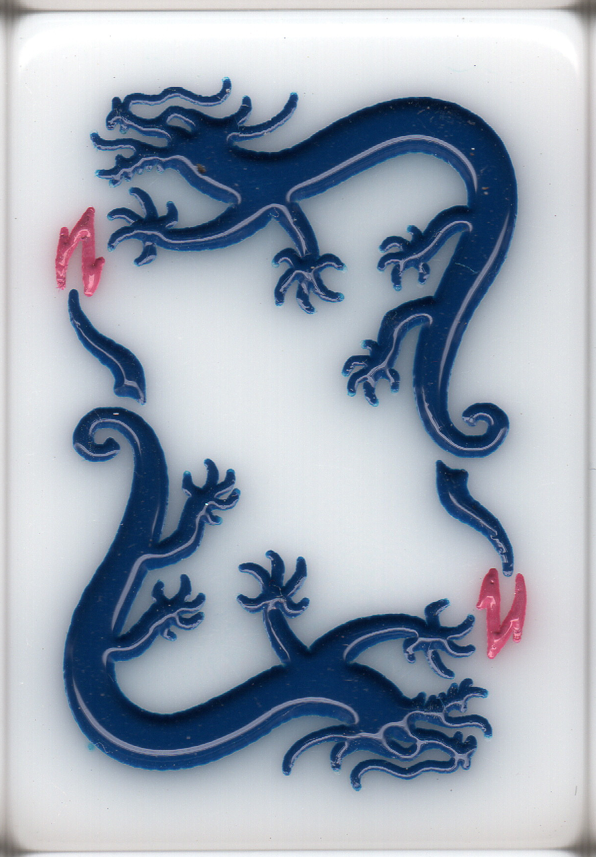 A neon sign of a blue lizard with pink accents on its tails, set against a white background.