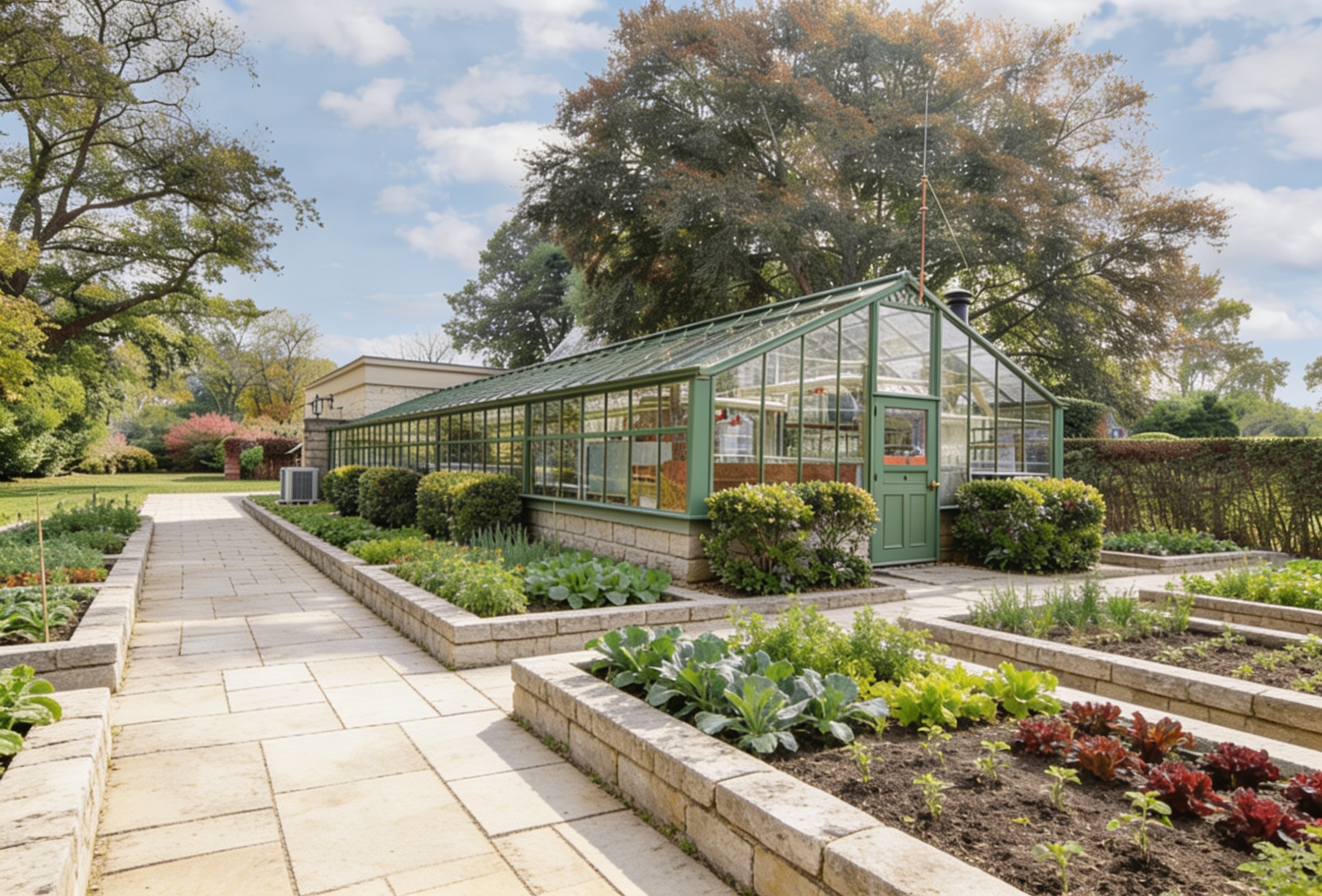 The greenhouse will be restored and styled to coordinate with the Vert de Gris color of the estate's treillage poolside pavilion. The area surrounding the greenhouse will host the potager vegetable and flower gardens.
