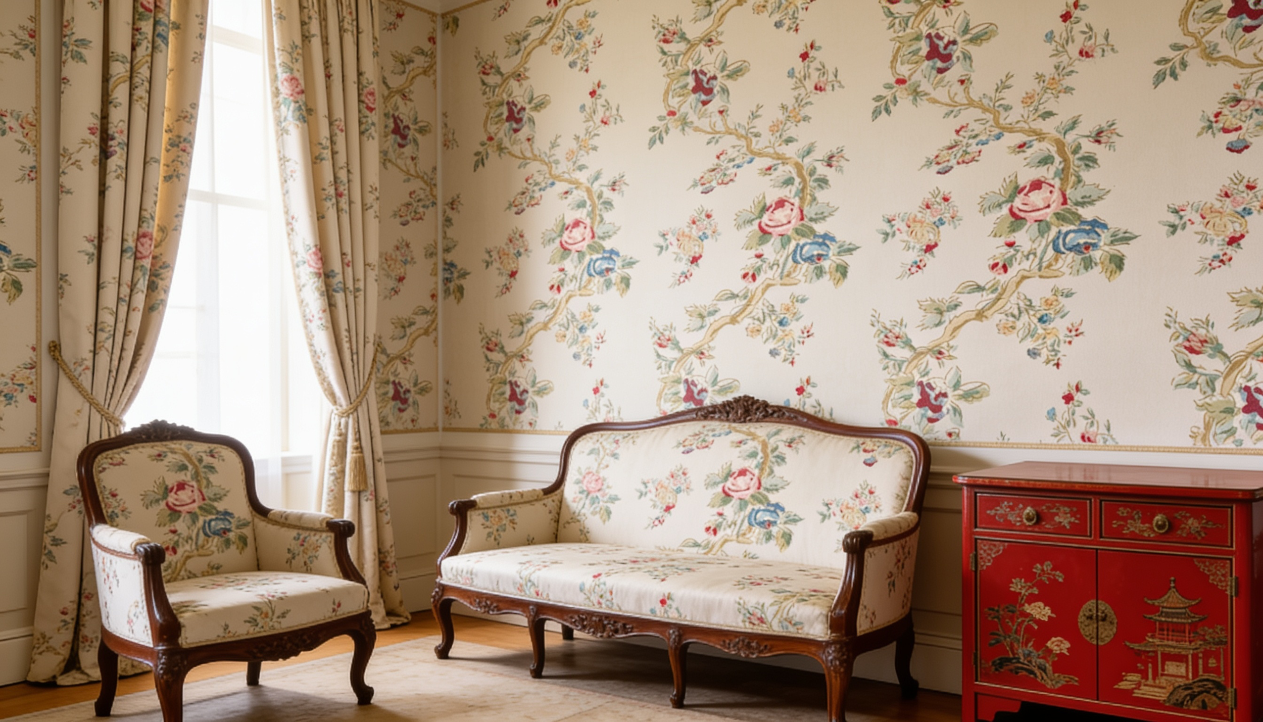 Classic Maison Jansen styled bedroom with furniture and walls all upholstered in the same fabric