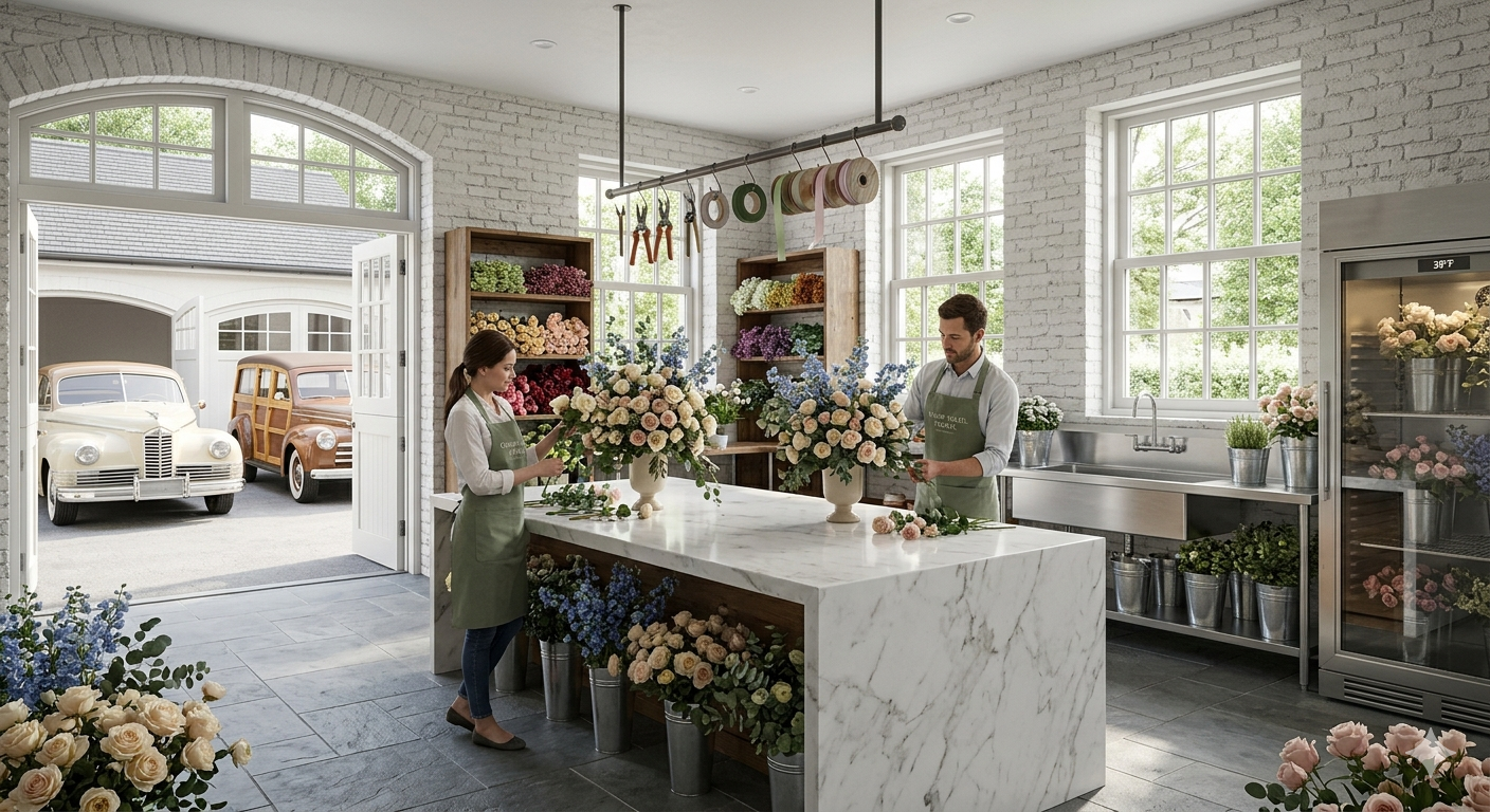 The workshop in the carriage house is the perfect spot for the estate florist studio. The studio is defined by its waterfall work bench in marble. It look terrific with the chic commercial look of utilitarian parts of the estate.

