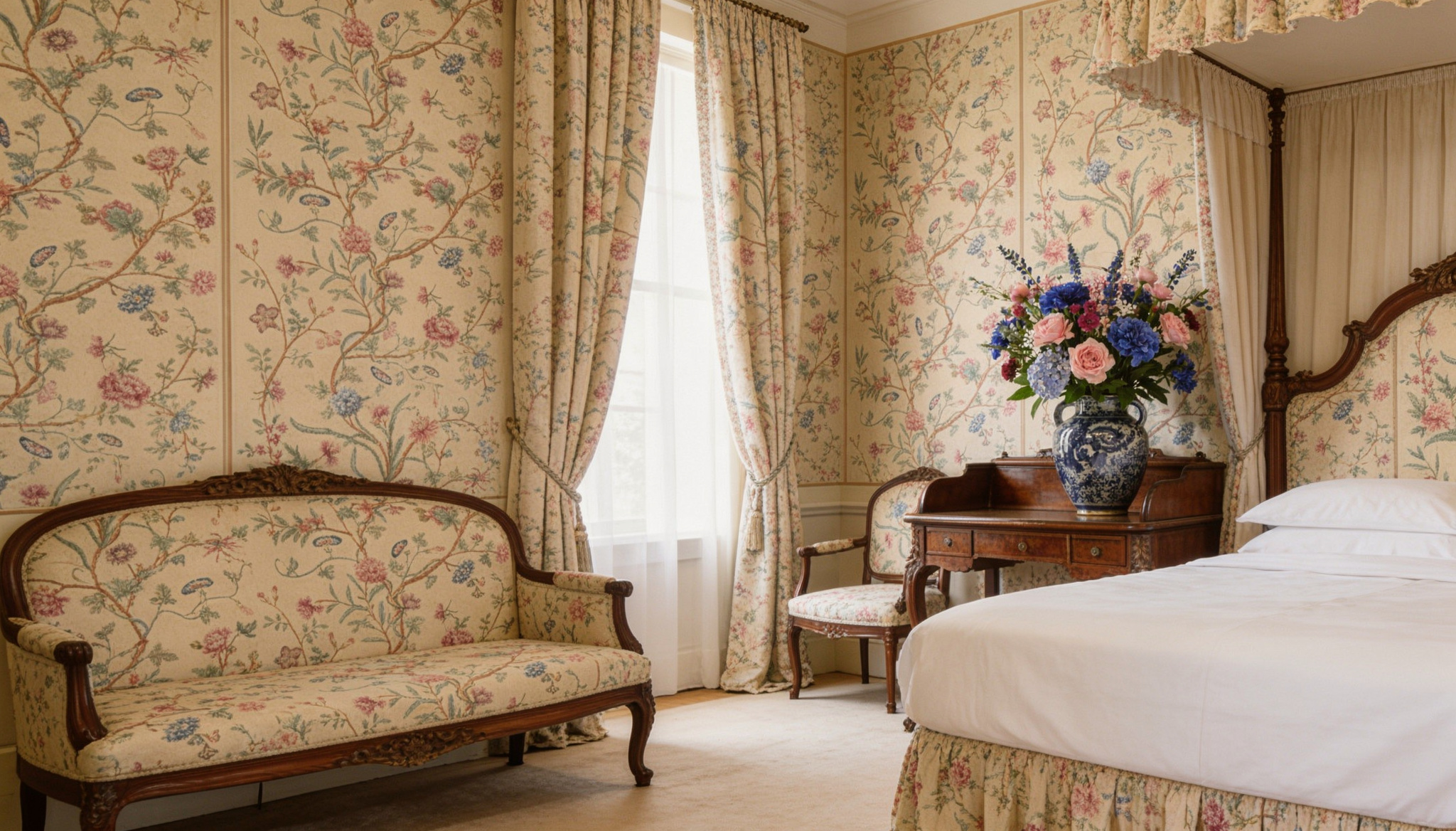 Classic Maison Jansen styled bedroom with furniture and walls all upholstered in the same fabric.