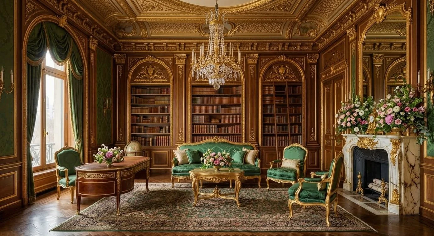 GildedAgeGreenLibrarywithpinkflowers.png