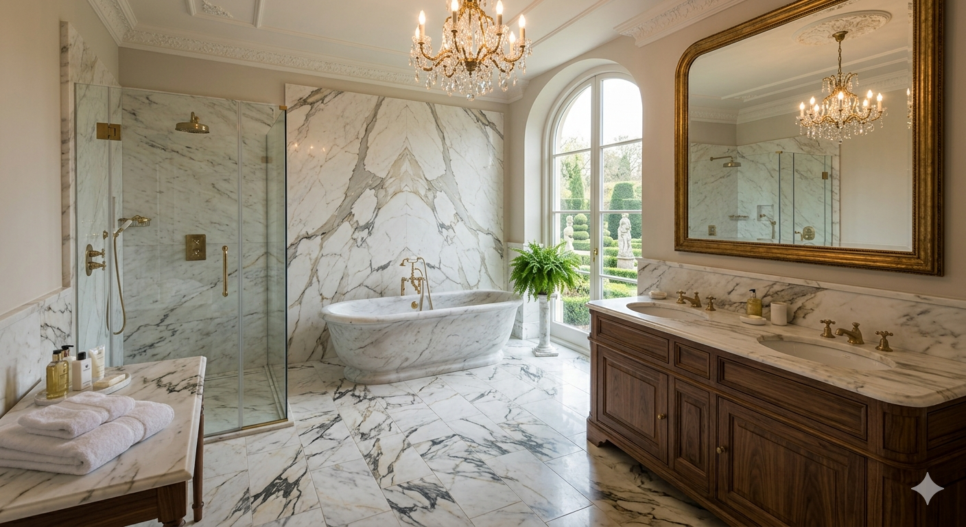 The bathrooms at Champ Soleil will be clad in marble, have French styled mahogany  vanities and gold and crystal light fixtures and sconces.