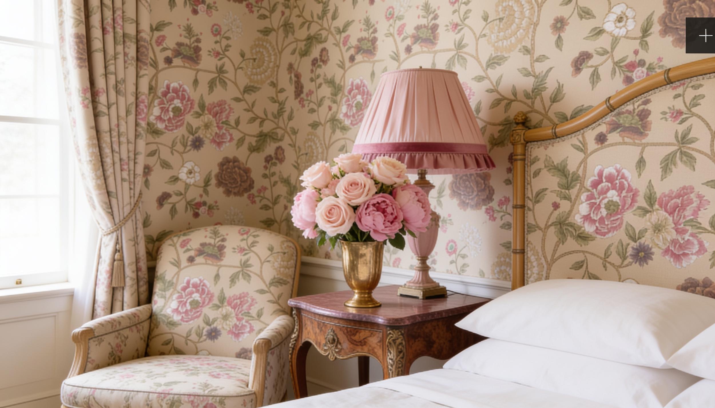 Classic Maison Jansen styled bedroom with furniture and walls all upholstered in the same fabric