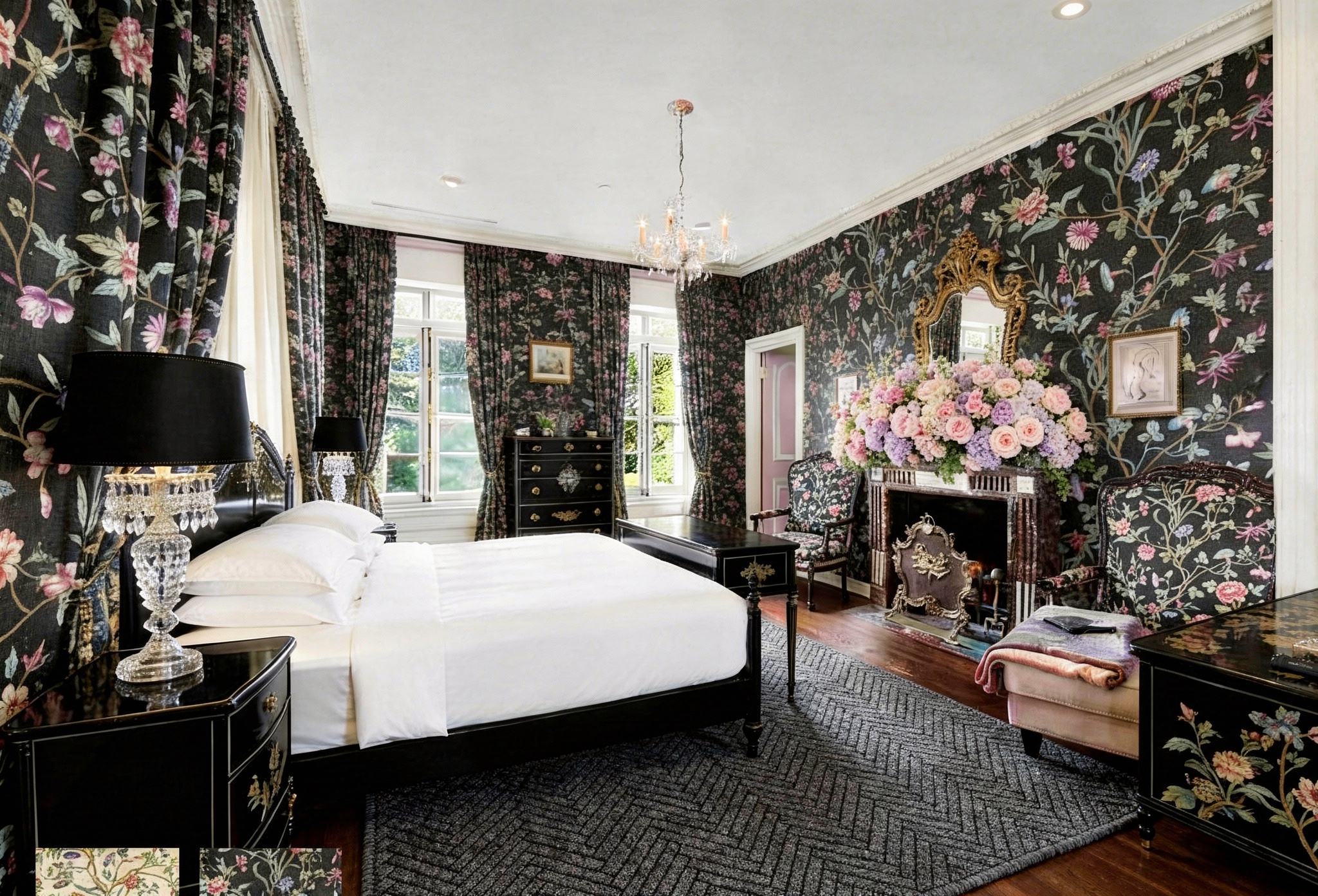Classic Maison Jansen styled bedroom with furniture and walls all upholstered in the same fabric