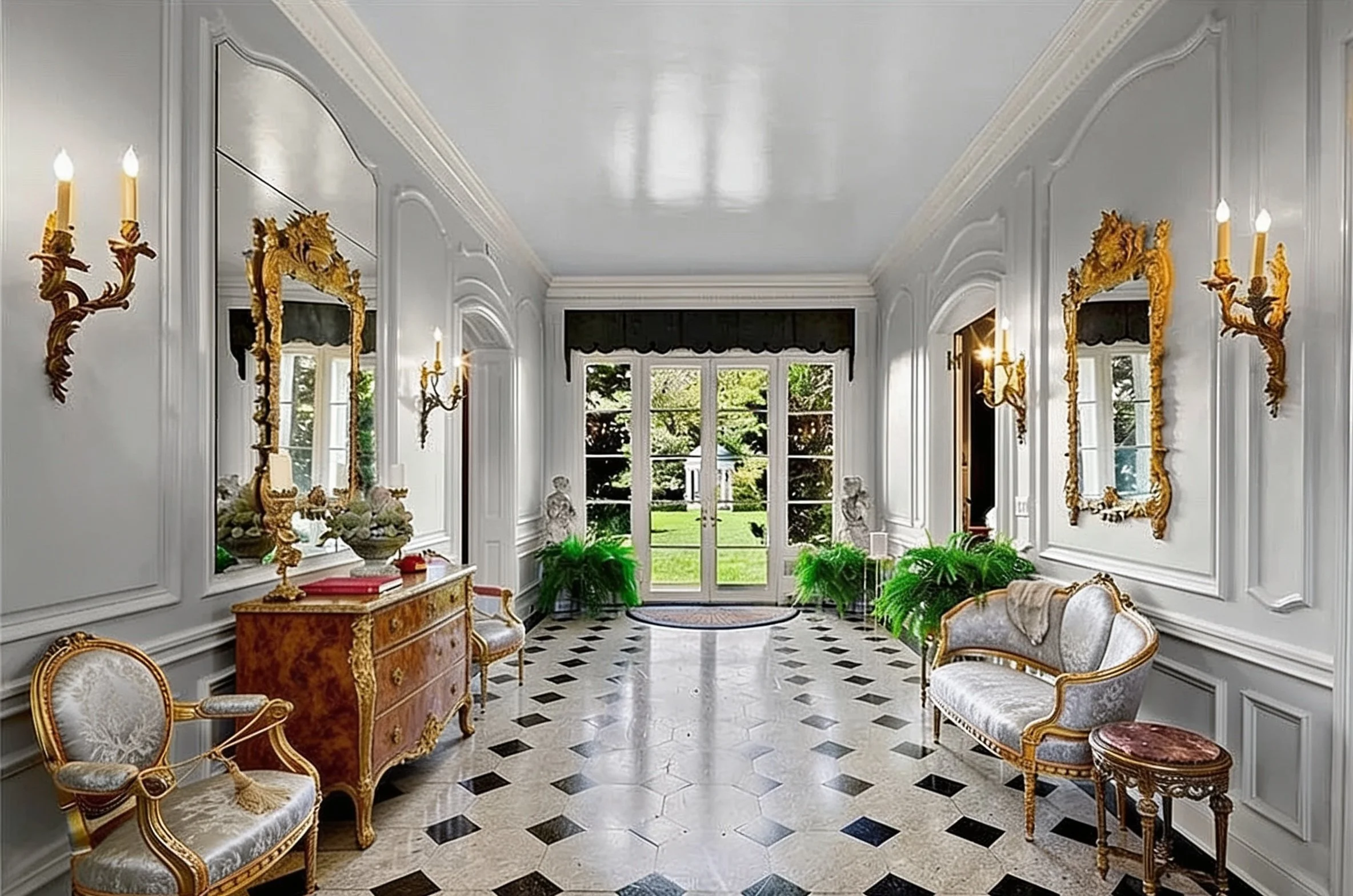 Double mahogany doors open to a foyer paneled in elegant boiserie and painted a soft French grey paint with a lacquer  finish. The foyer is given life with museum quality furnishings upholstered in grey silk.