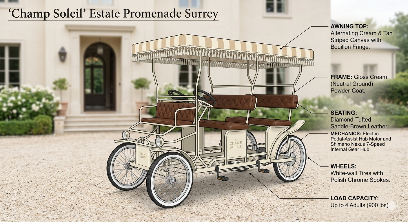 For an air of fun, we will included a new, canvas striped top bicycle Surrey. Perfect for sightseeing around Bellevue Ave. and Newport.
