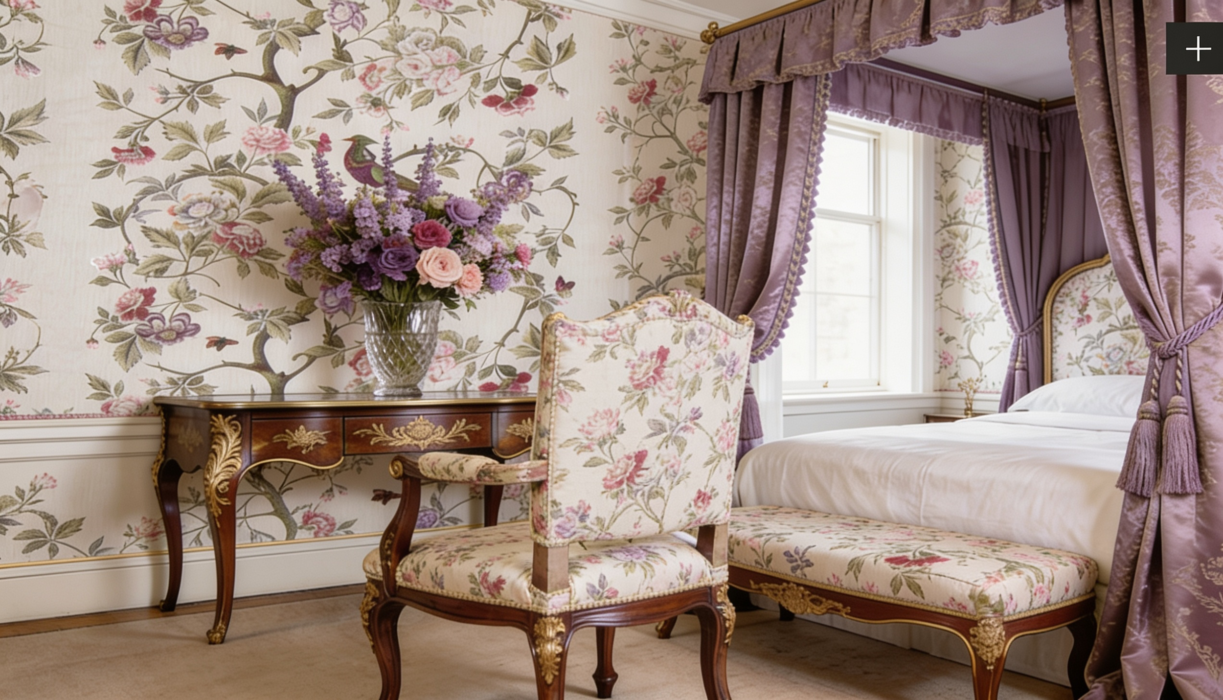 Classic Maison Jansen styled bedroom with furniture and walls all upholstered in the same fabric. The room is highlighted by plum colored silk brocade bed drapery