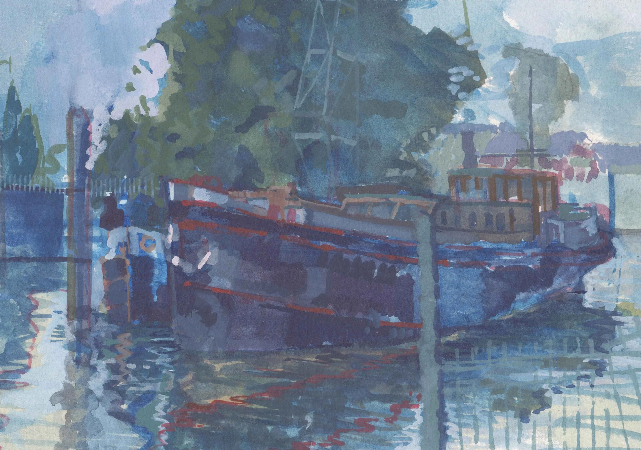 Teddington Barge, watercolour 170 x 240
