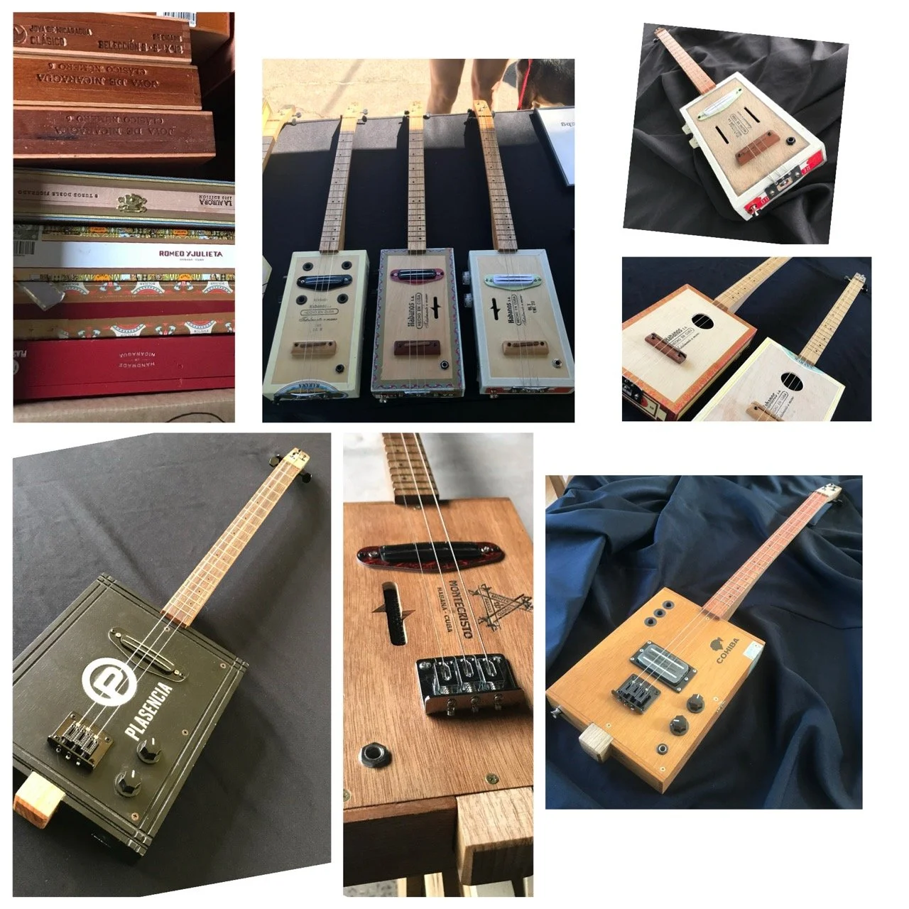 Various homemade and handcrafted cigar box guitars displayed on black and wooden surfaces, showcasing different designs and styles.