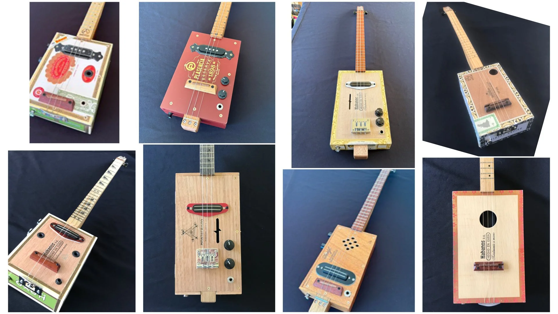 A collage of eight photos showing homemade cigar box guitars with various designs and parts, including necks, bodies, and pickups, on black backgrounds.