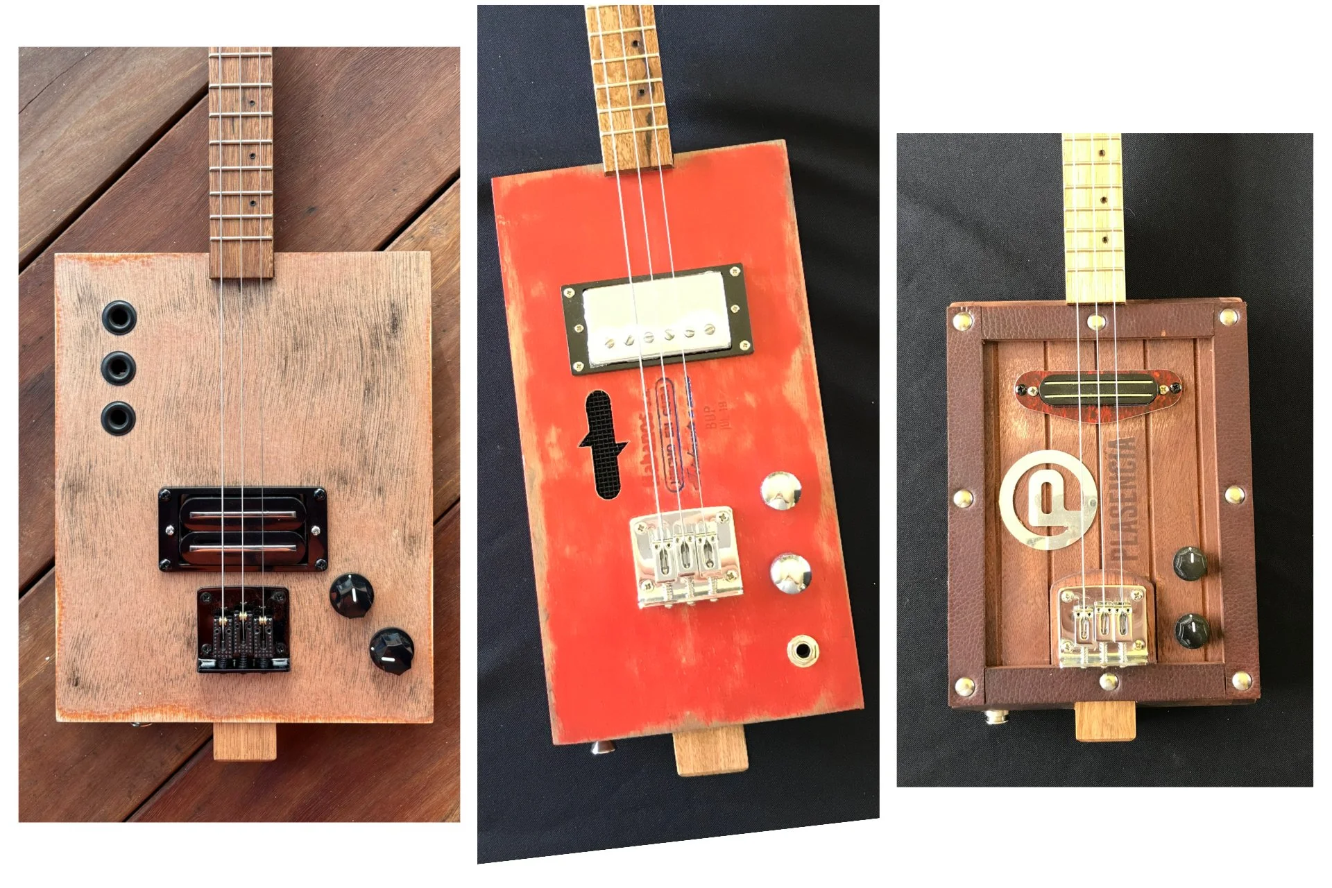 Three different homemade musical instruments made from wood and electronic components, arranged side by side on different backgrounds.