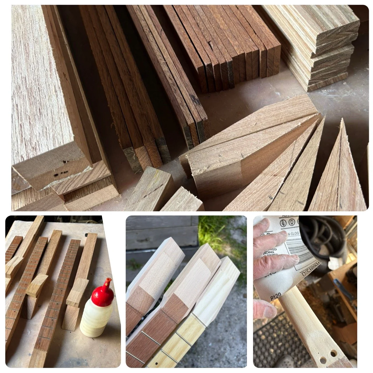 Various pieces of wooden lumber and lumber components, some freshly cut, some with nails, glue, and clamps, indicating woodworking or carpentry projects.