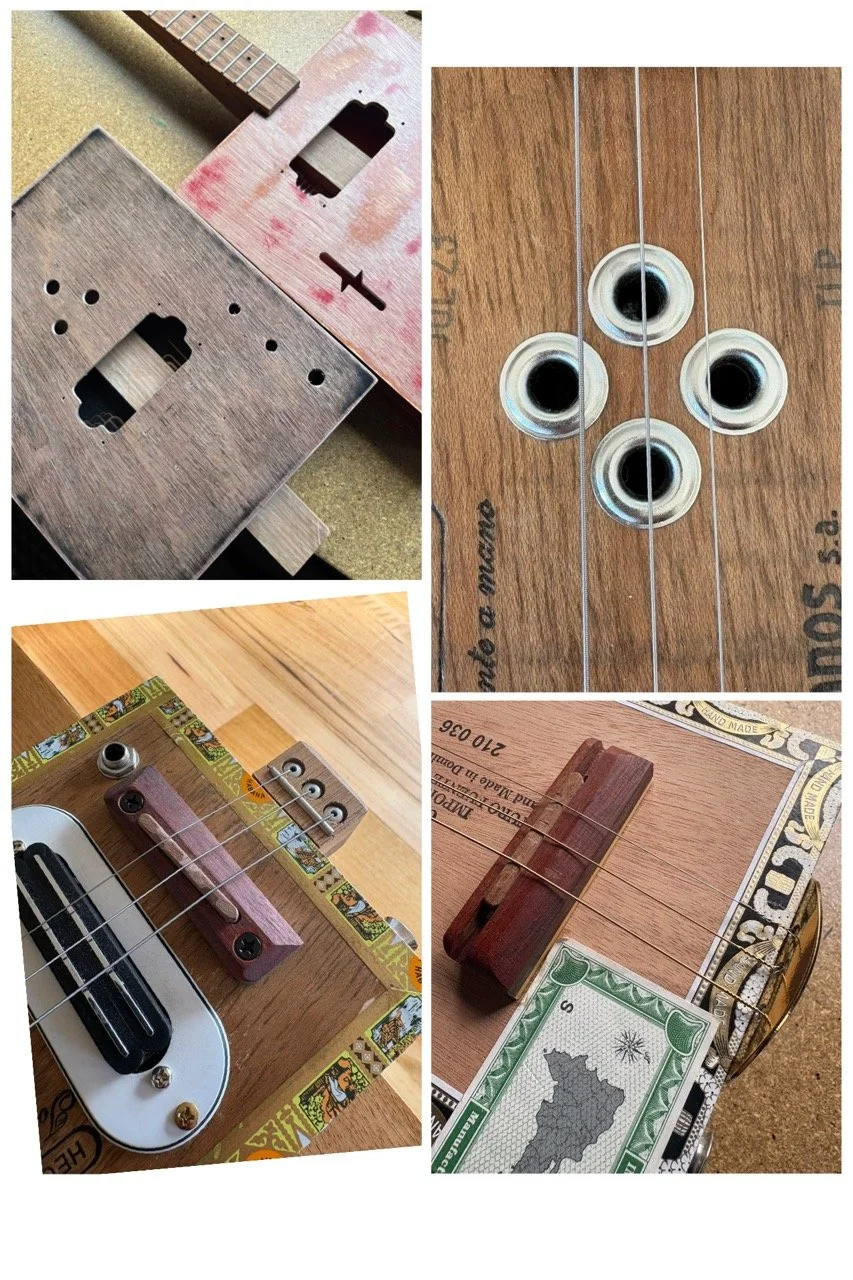 Various wooden cigar box guitars being assembled or displayed, showing their necks, strings, and sound holes.