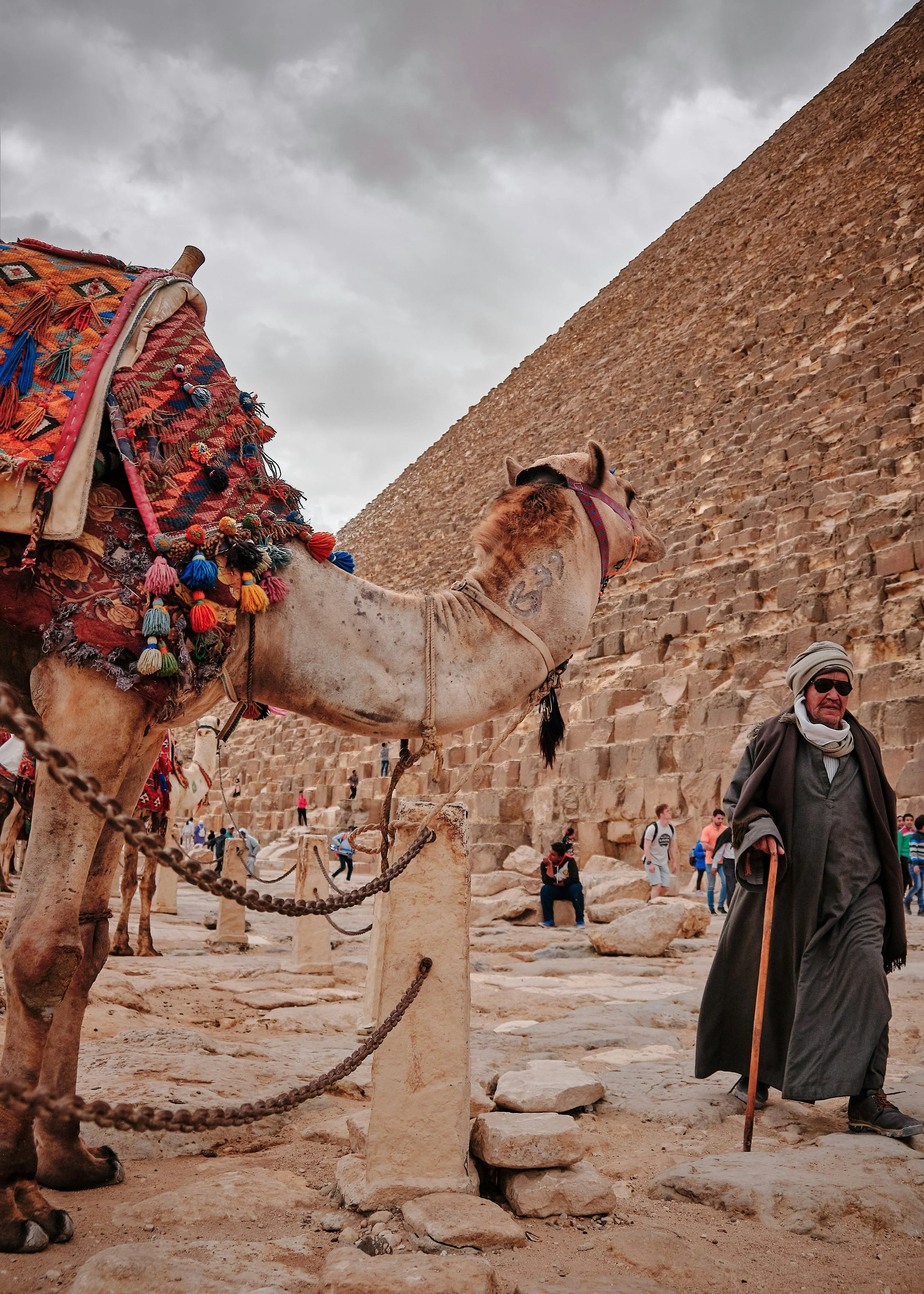 A camel with a colorful decorated saddle standing next to an ancient pyramid, with tourists and a local guide in traditional clothing nearby.