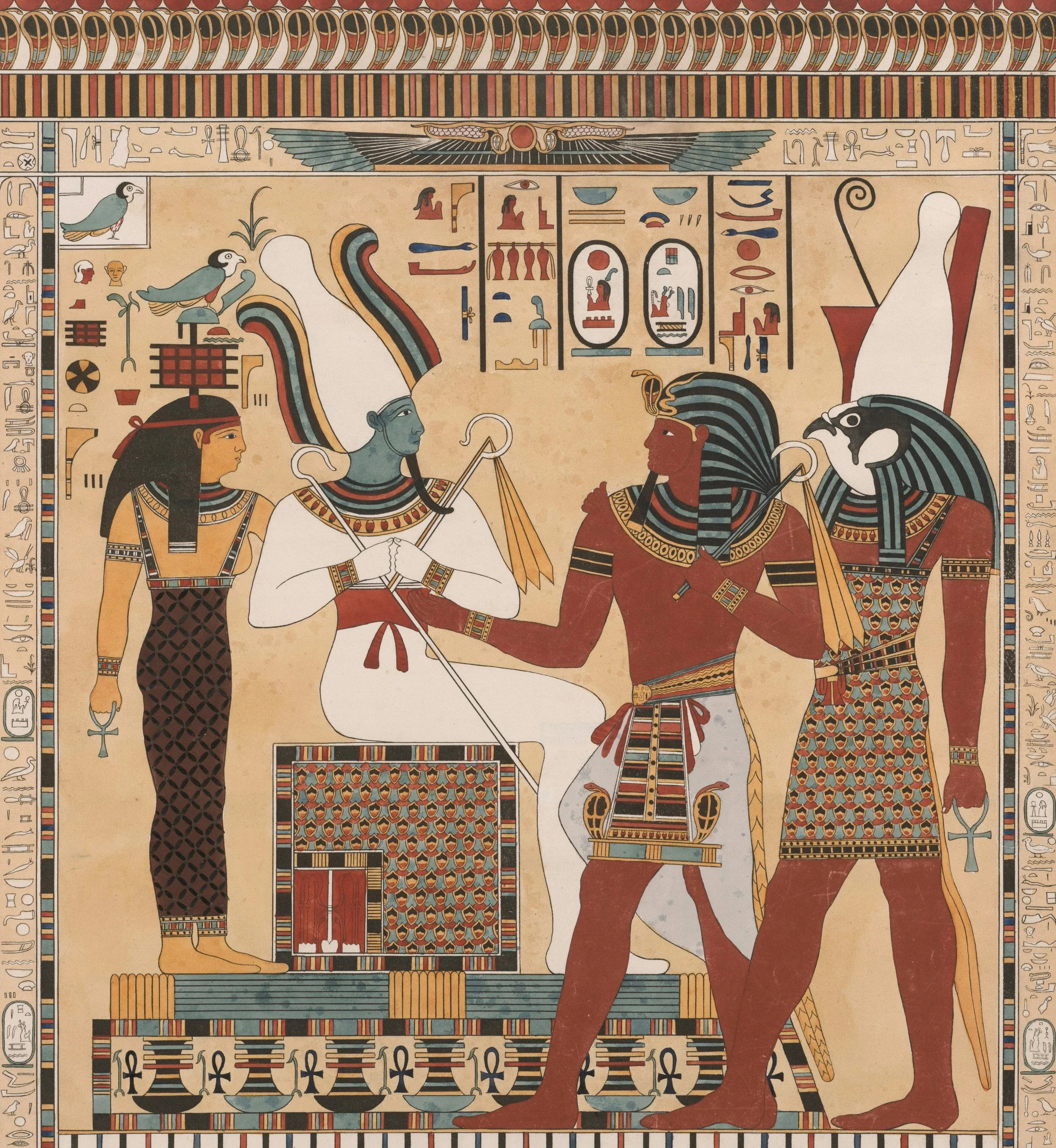 Ancient Egyptian artwork depicting two gods, one with a large white headdress and the other with a red face and black striped headdress, holding a scale; hieroglyphs surround them, with decorative borders at the top and bottom.