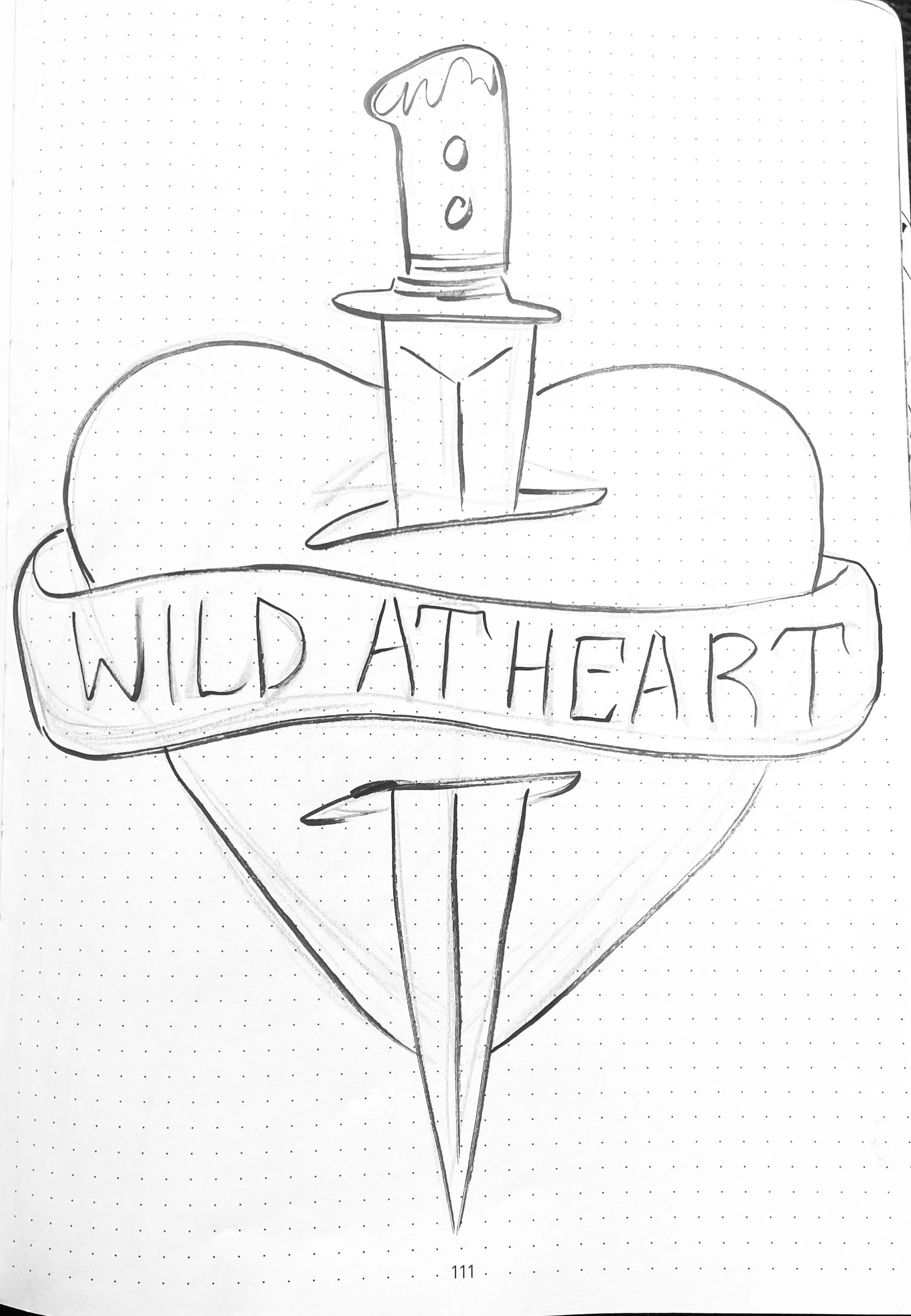 A black and white sketch of a heart pierced by a dagger with the words 'WILD AT HEART' written across the banner.