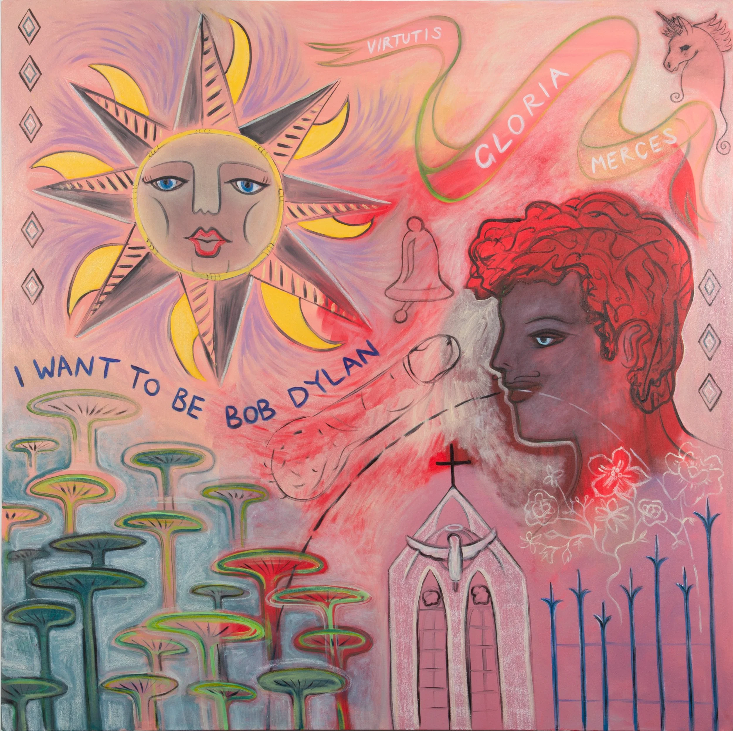 Colorful abstract mural with a central sun face with blue eyes, surrounded by yellow and black triangles, and a pink background. Various words like 'Virtutis' and 'Gloria' are written on flowing ribbons. On the right, there are sketches of a unicorn and a person's profile with curly hair, alongside flower and plant drawings and rainbow-colored vertical lines.