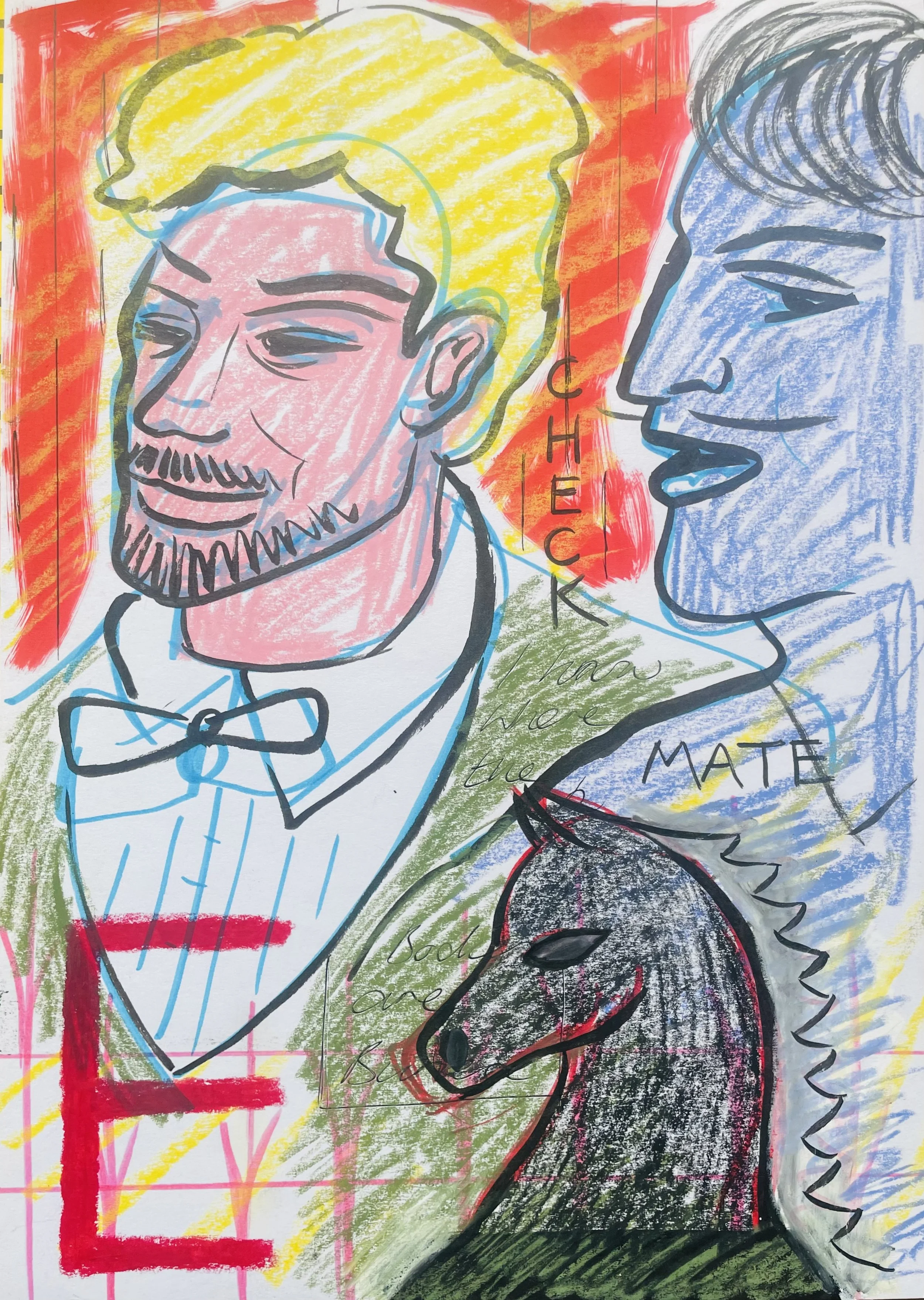 A colorful drawing of two people facing each other, one with blond hair and a mustache, wearing a striped shirt with a bow tie, the other with darker hair, with words like 'HECK', 'mate', and additional scribbles around them.