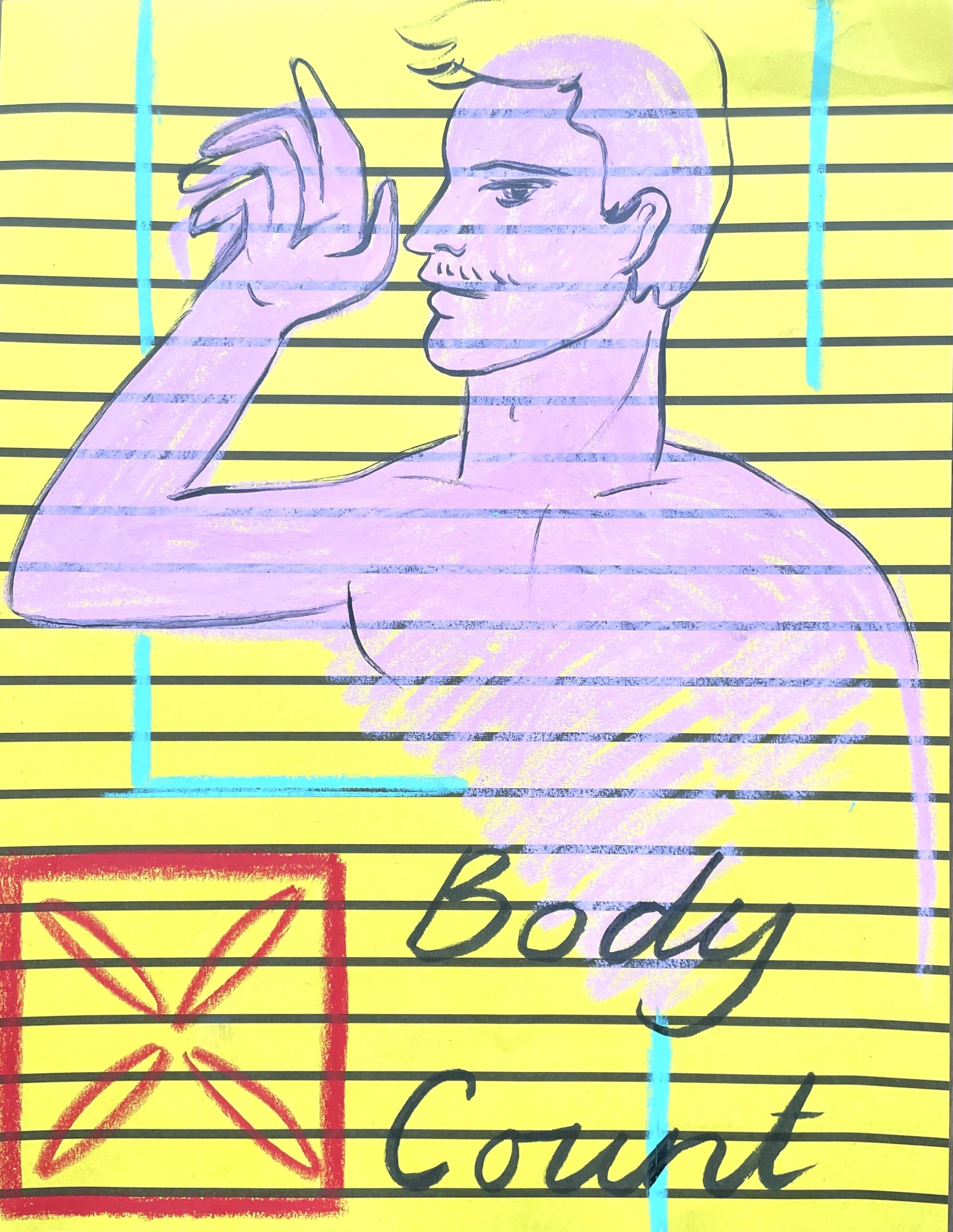 A colorful drawing of a person's side profile with short hair and a beard, with a hand raised near the face. The background is yellow lined paper with a red sun drawing in the bottom left corner and the word 'Counting' written at the bottom.