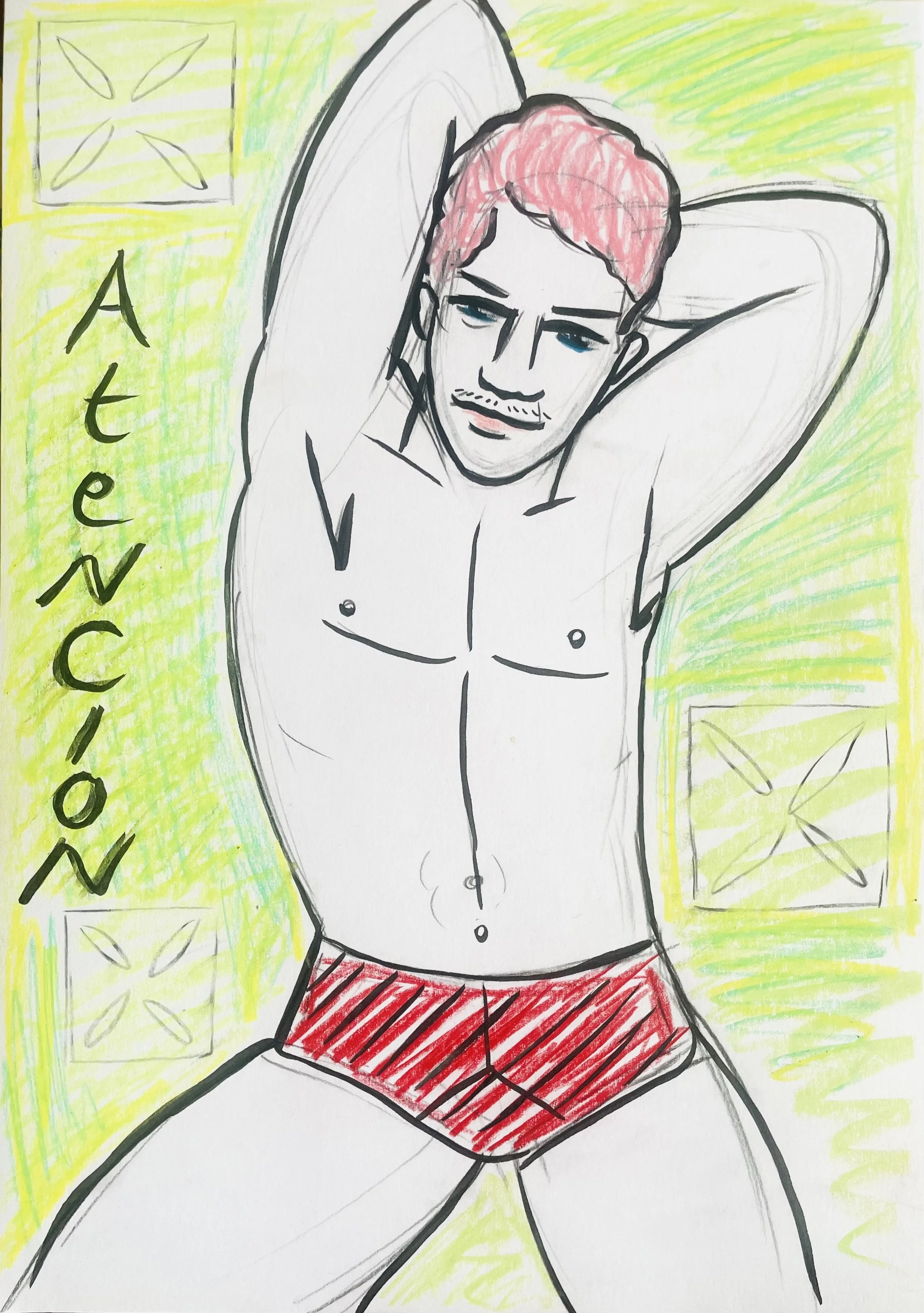 A drawing of a man with pink hair, mustache, and blue eyes, shirtless with red shorts, stretching with hands behind his head against a colorful background with yellow and green shades, and the word 'Attraction' written vertically on the left side.
