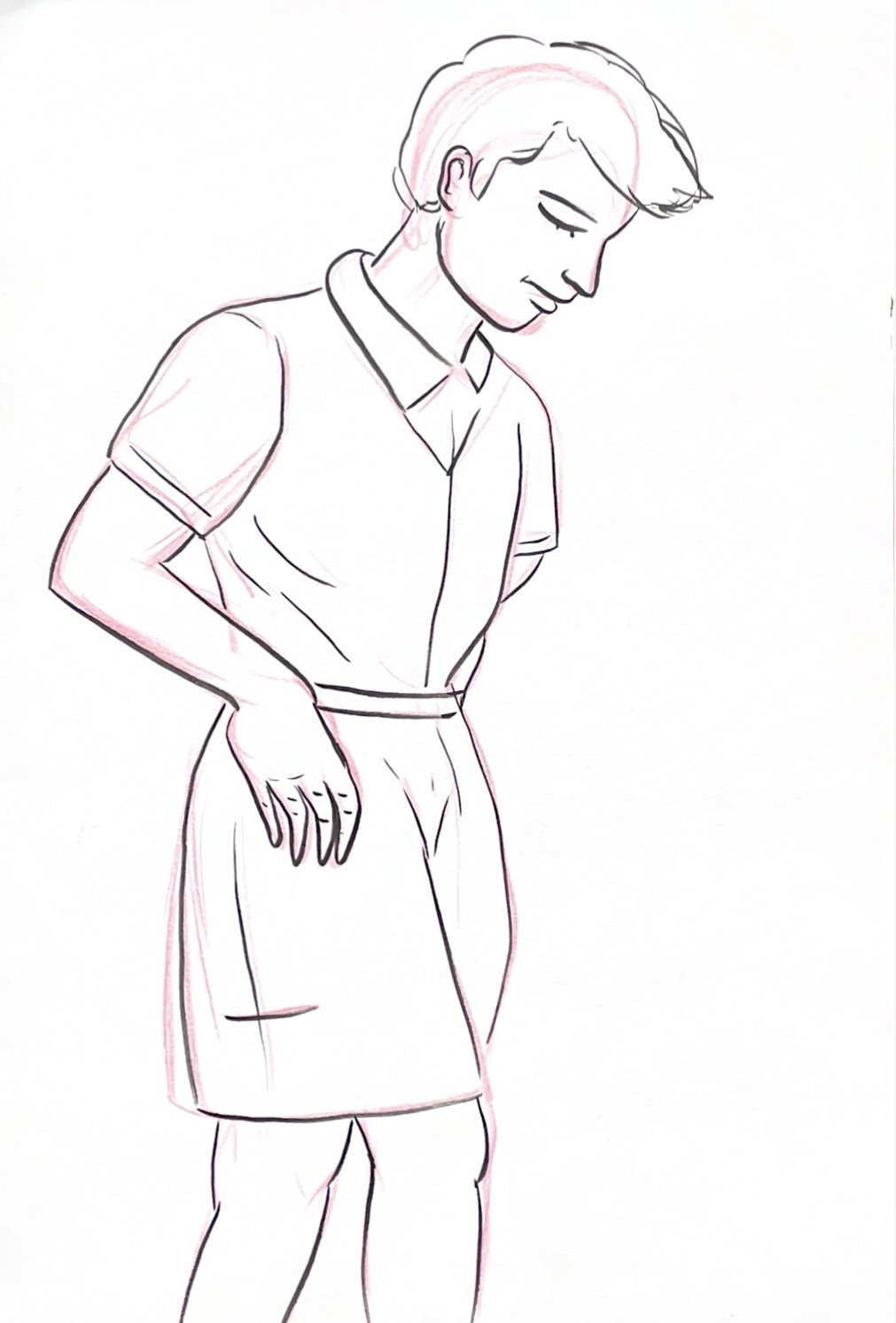 A line drawing of a young woman with short hair, wearing a collared shirt and pleated skirt, looking down with a gentle expression.