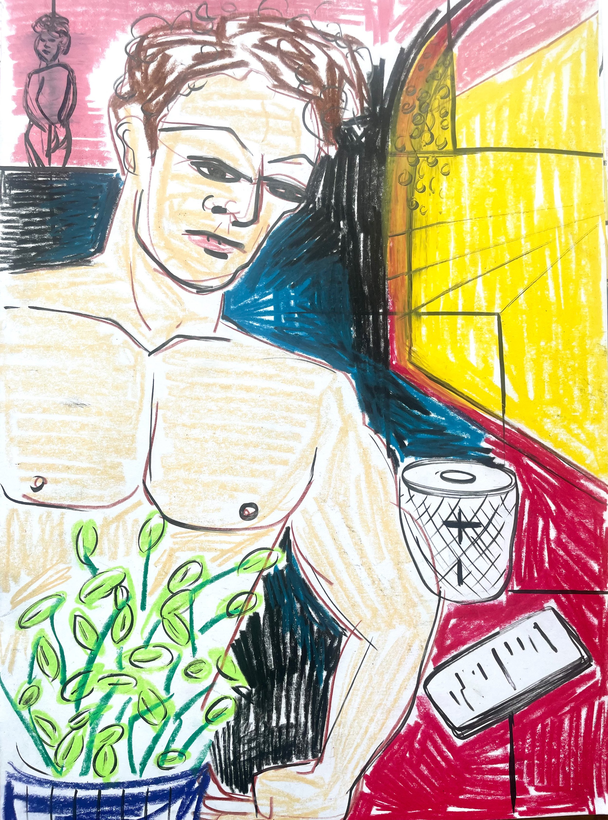 A colorful drawing of a woman with short, curly reddish-brown hair, wearing dark makeup and an expressionless face. She appears to be nude from the shoulders up. In the background, there is a small pink statue of a woman on a blue stand, a large yellow window with rounded shapes, a drum, a computer keyboard, and a potted plant with green leaves. The drawing uses bold lines and vibrant colors.