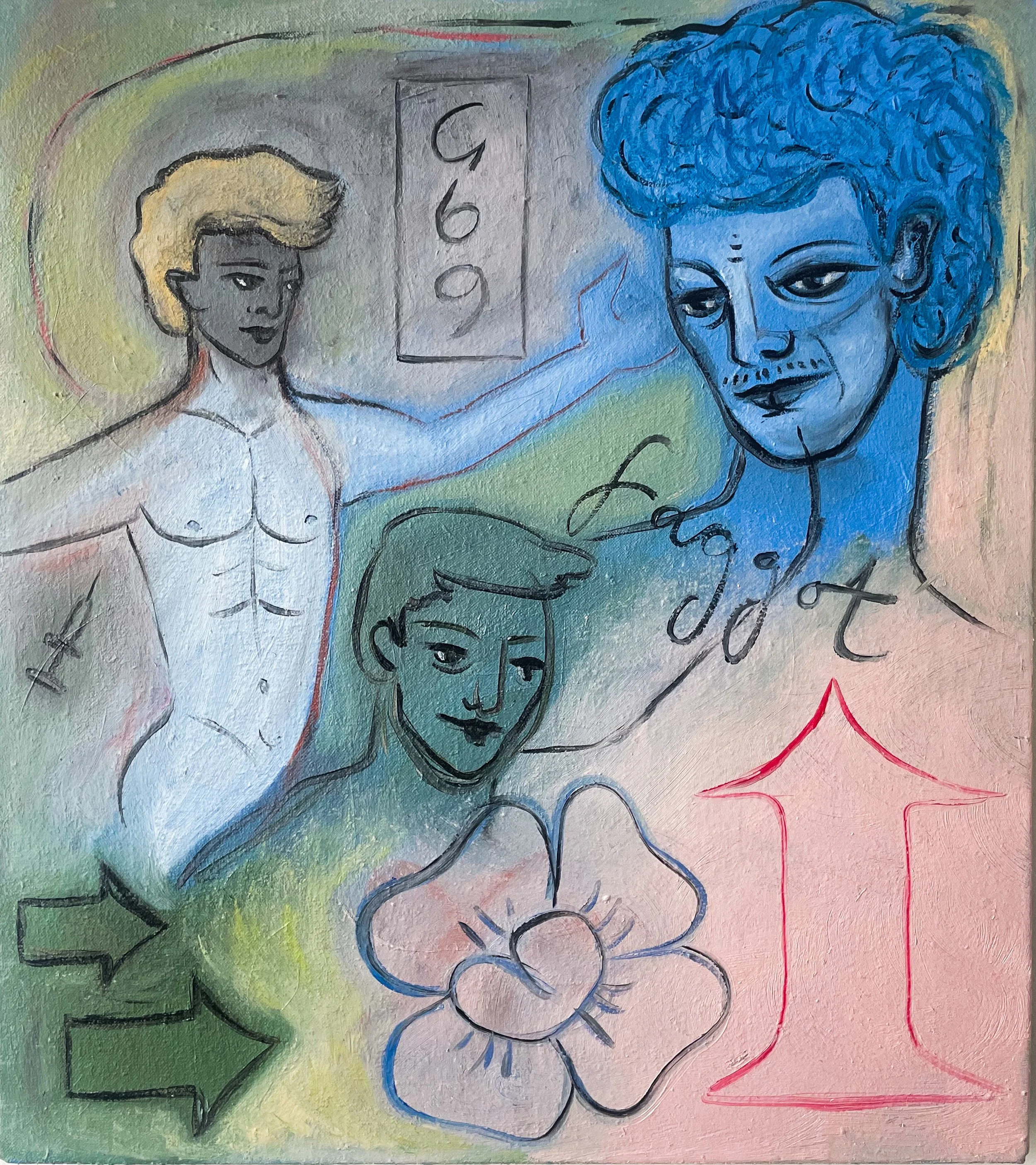Colorful abstract drawing of a woman with blonde hair, a surreal blue face with curly hair, and multiple abstract faces and shapes. The background has soft gradient colors with some scribbles and geometric figures.