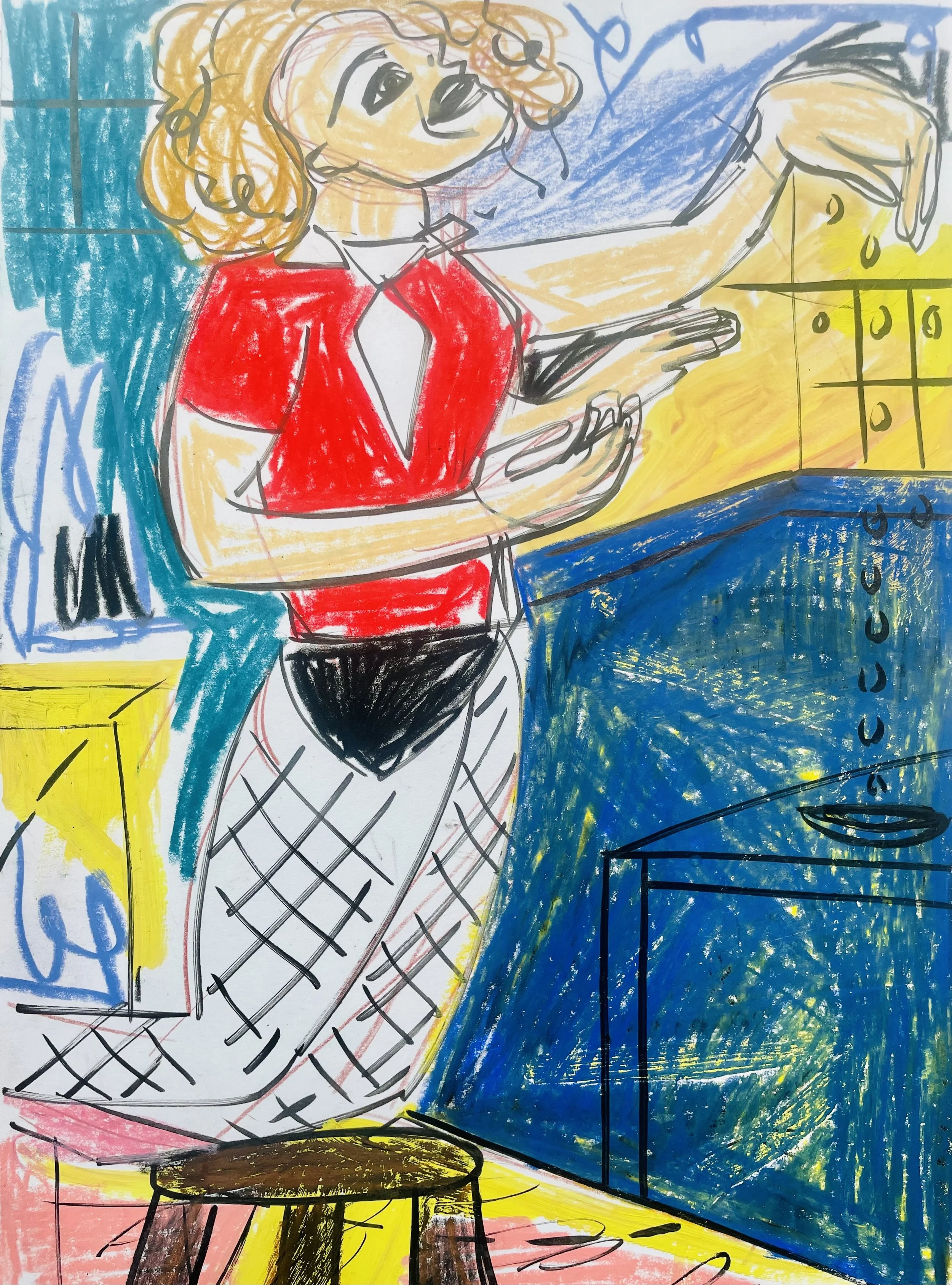 A colorful child's drawing of a person with curly hair, wearing a red shirt and fishnet stockings, standing in a room with yellow and blue walls, next to a table and a blue cabinet.