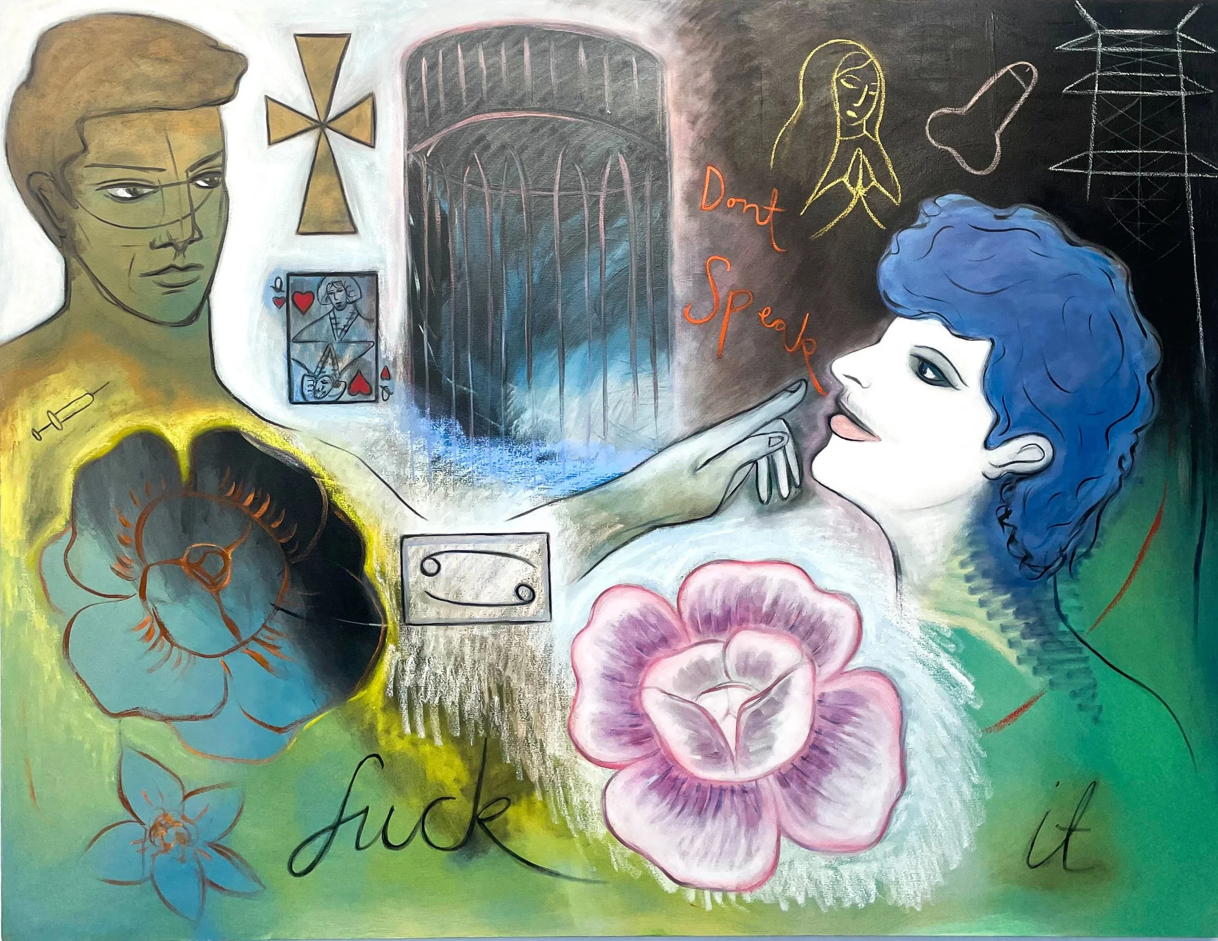 A colorful abstract chalk art mural with stylized portraits of a man and a woman, flowers, a playing card with a joker, a syringe, and electrical power lines. The message 'Don't Speak' is written in red.
