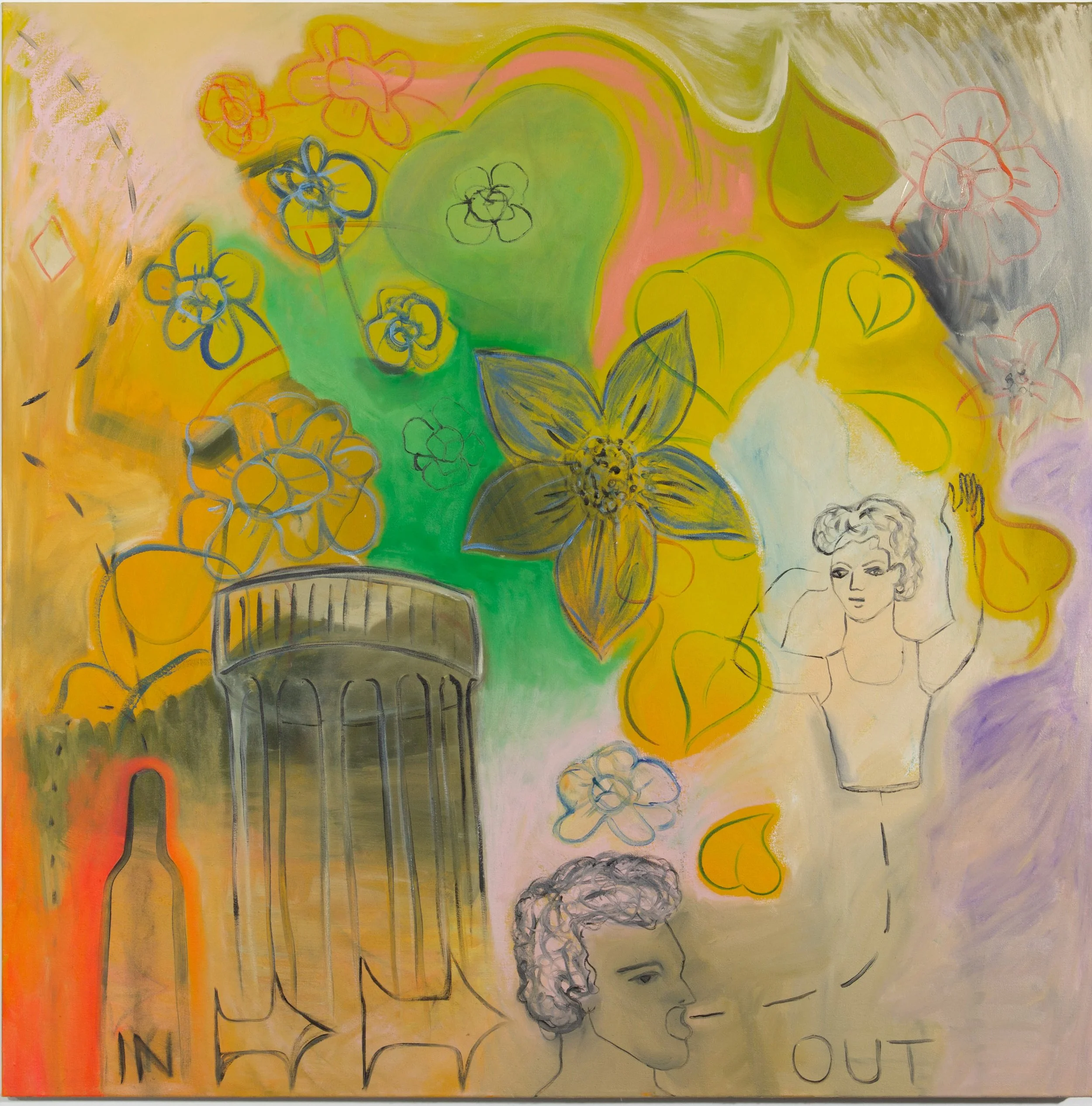 Abstract artwork with colorful flowers, leaves, a rainbow, and a human face in the bottom right corner, using pastel and bright hues.