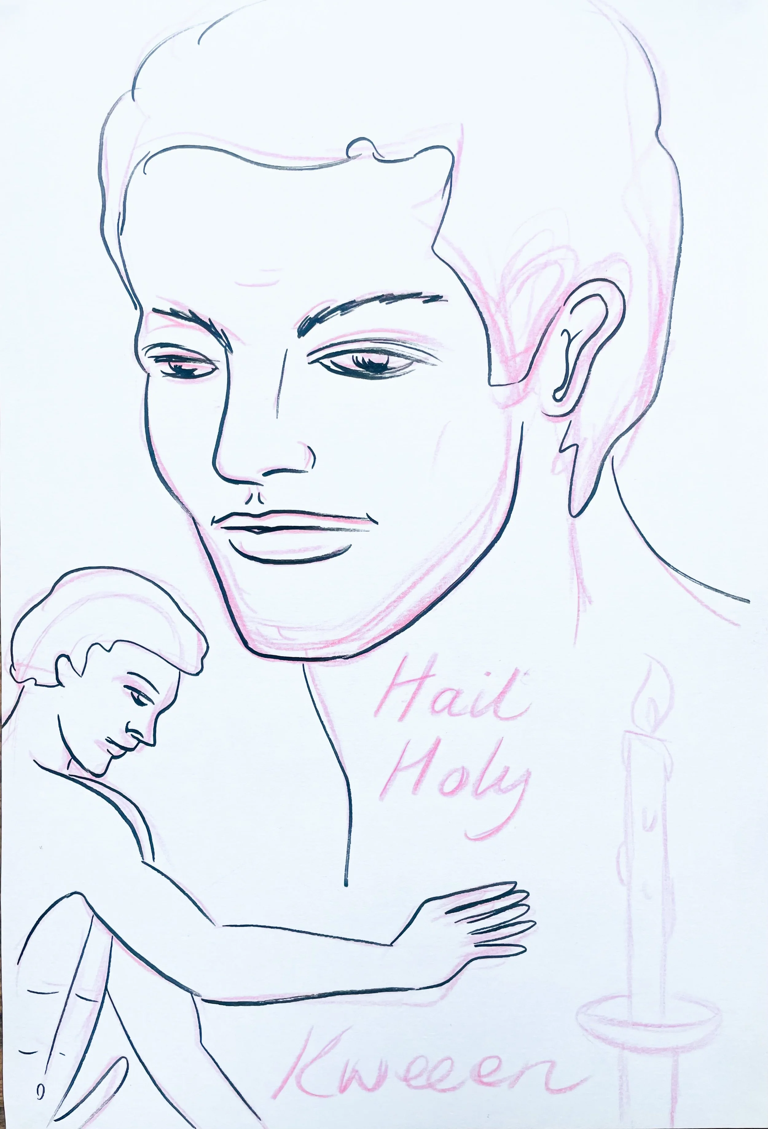 Line drawing of a woman with short hair and a calm expression, holding a small round object, with a large glass holding a drink on a table in front of her. The words 'Hail Holly Queen' are faintly visible in pink text on the drawing.