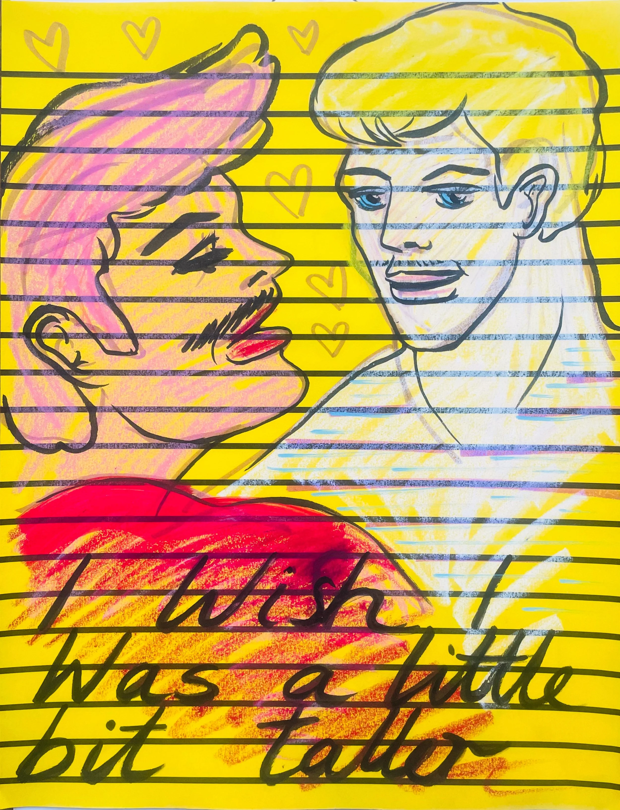 A colorful illustration on lined paper of two people facing each other, one with pink hair and a beard, and the other with short blonde hair, blue eyes, and a slight smile. The background is yellow with small heart shapes.
