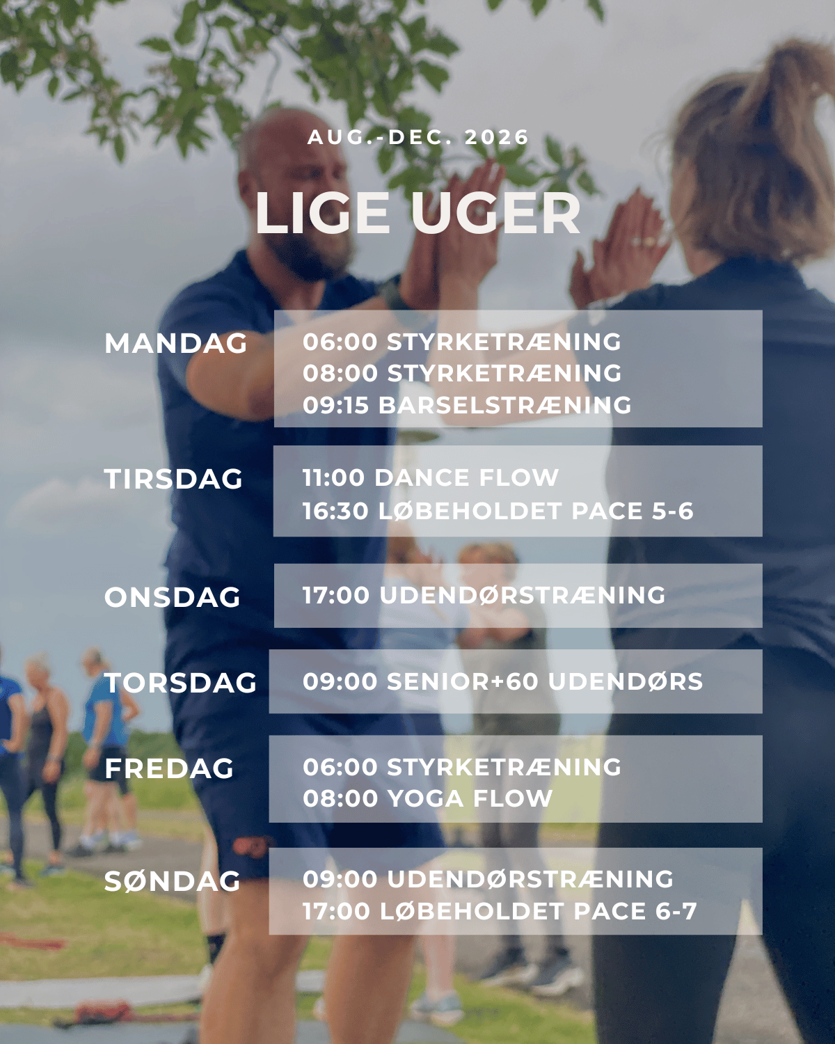Holdplan for lige uger med oversigt over Svedkonceptets træningshold og træningstidspunkter i Lejre.