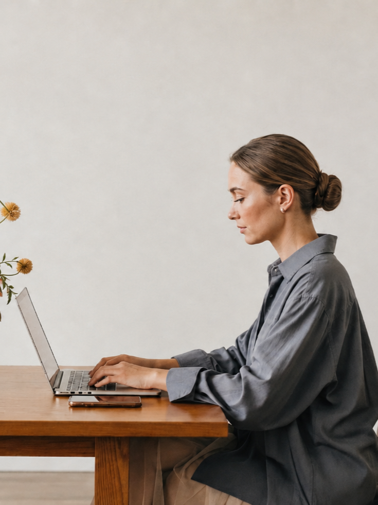 A woman with brown hair tied in a bun sitting at a wooden table using a laptop, with a small vase of flowers on the left and a photo frame or phone on the right.