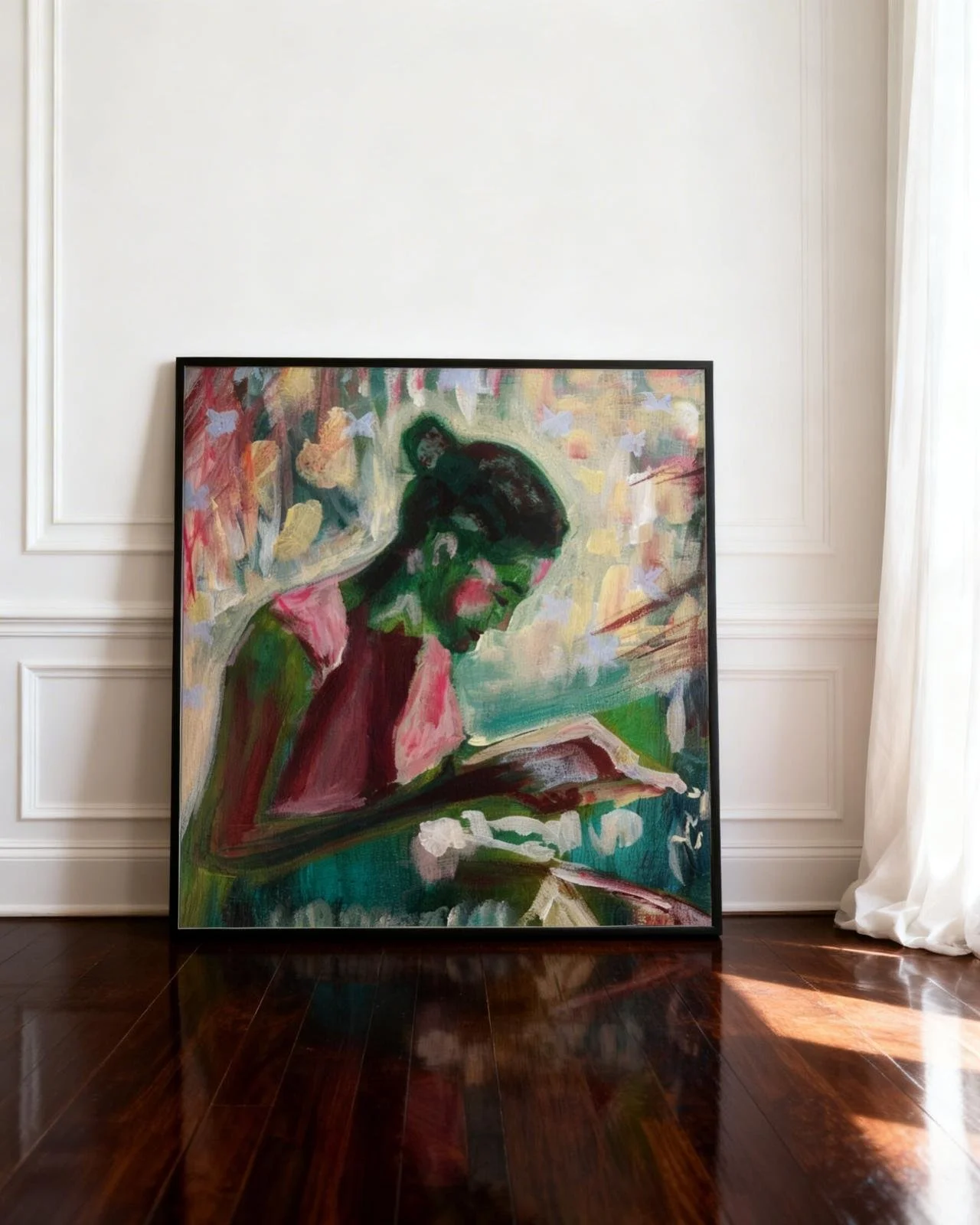 An abstract painting of a woman with glasses, pulled-back hair, and a pink top, sitting with her head tilted downward. The painting uses bold, vibrant brushstrokes and colors.