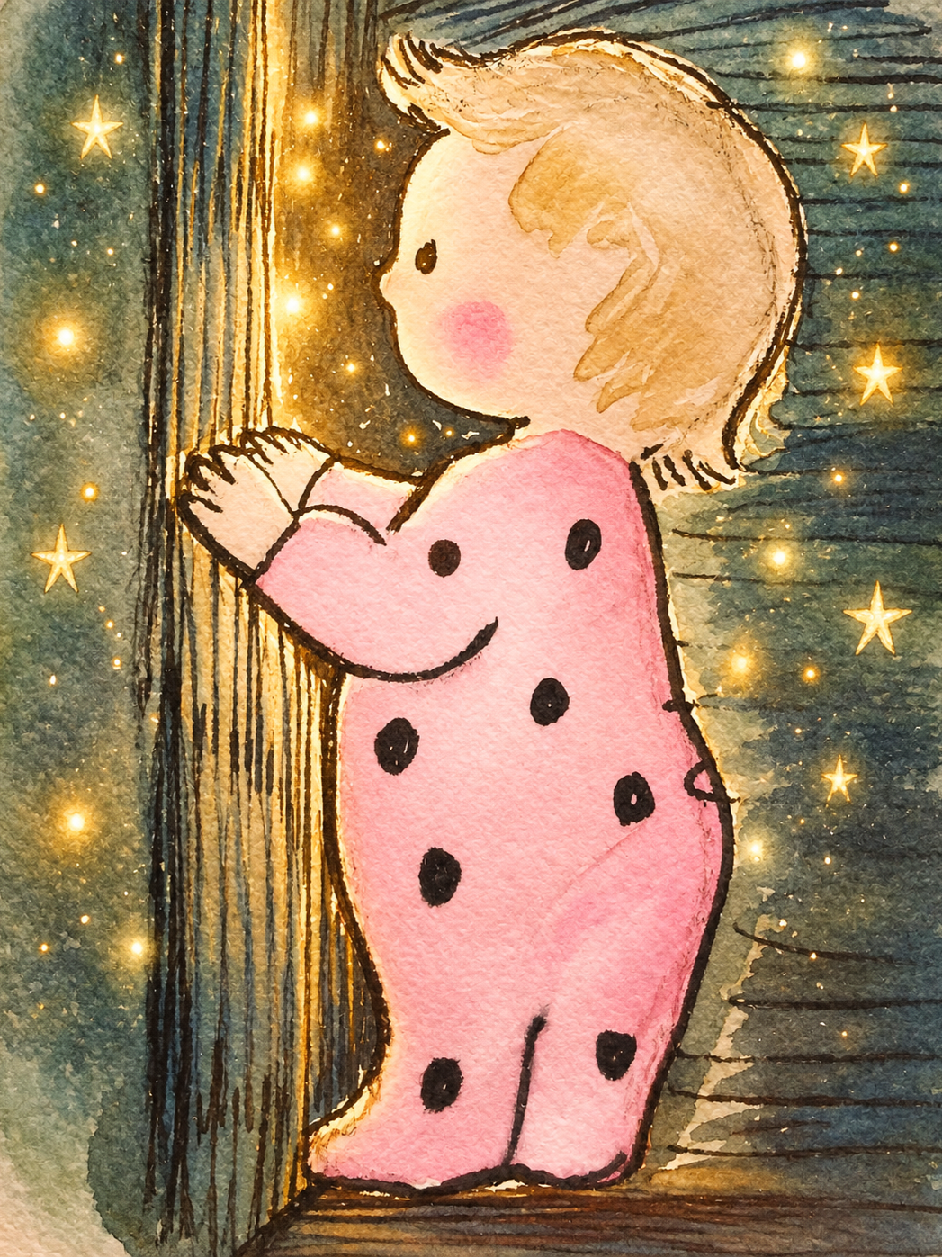 A watercolour illustration of a young girl in a pink polka-dot dress sleepwalking beside a wooden door, surrounded by glowing star-like lights.