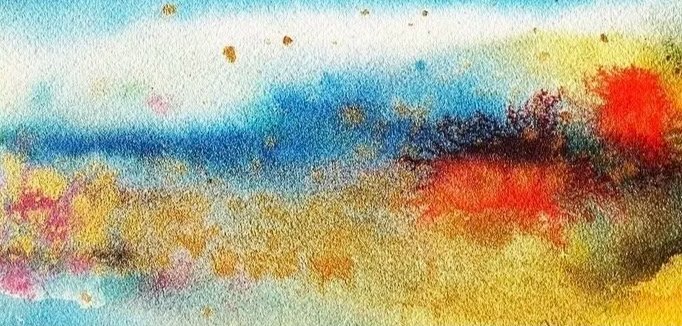 Abstract watercolor painting with blue, yellow, red, and black hues.