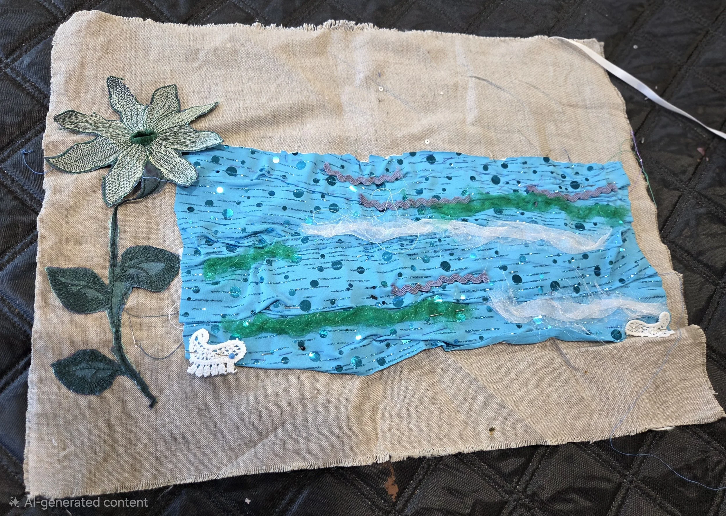 Layered stitched fabrics representing memories of the seaside