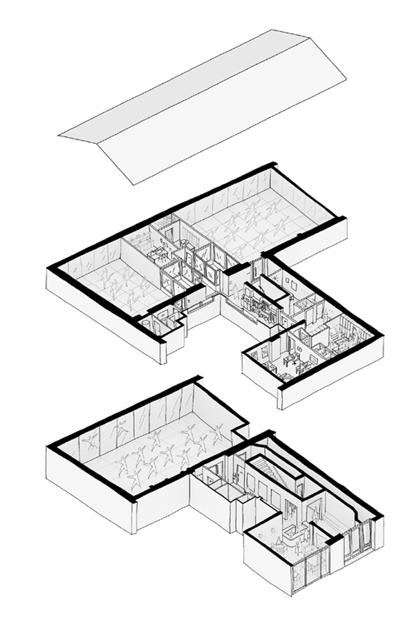 Plan en coupe d'une maison avec trois niveaux, montrant l'agencement intérieur des différentes pièces et espaces.