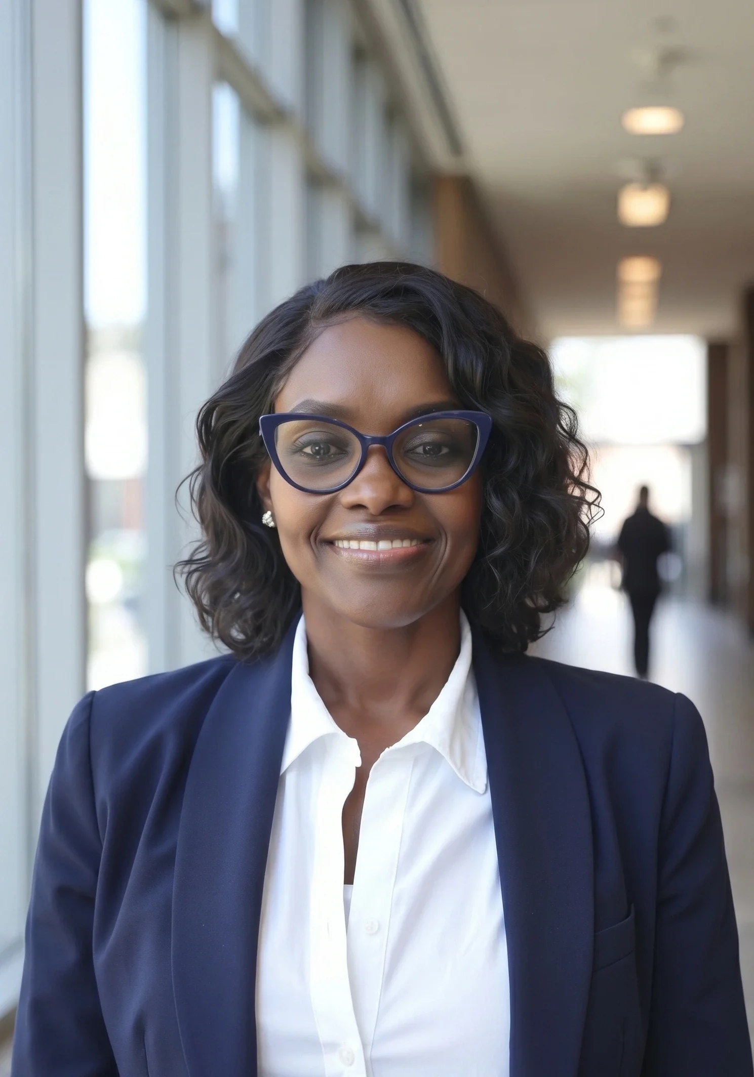 Portrait of an African American woman wearing glasses, a white shirt, and a navy blazer, smiling, in a modern indoor setting with large windows and blurred background figures.